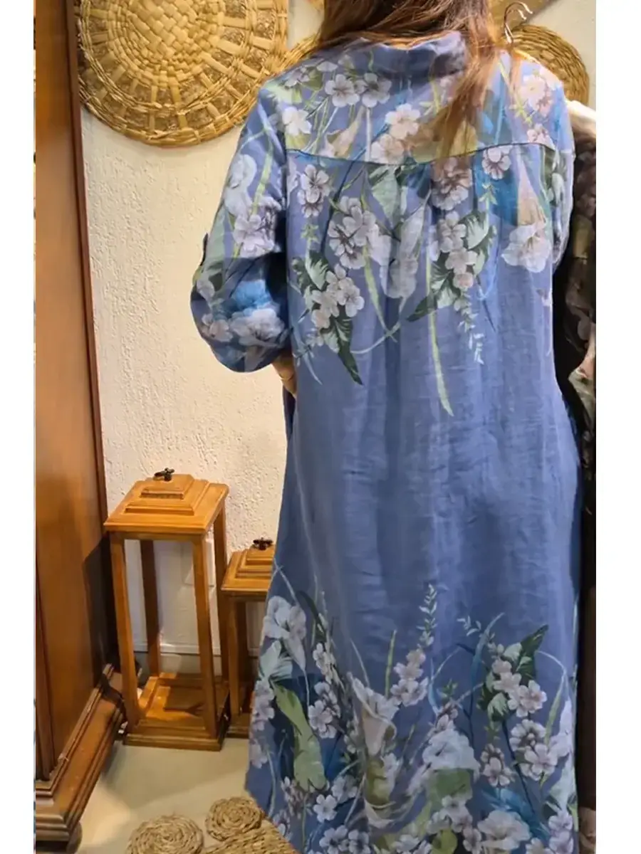 🔥Summer Arrivals🌟Women's Loose Casual Floral Print Cotton Linen Shirt Dress