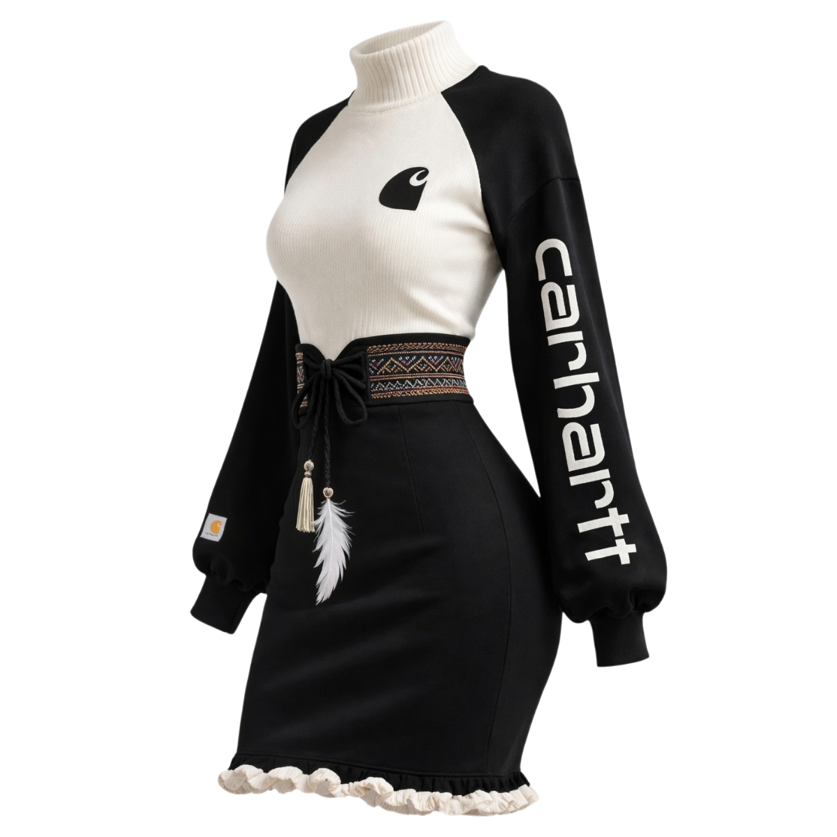 High-Neck Colorblock Dress with Embroidered Logo and Feather Tassel Detail