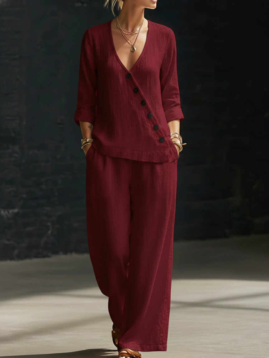🔥Summer Arrivals🌟Minimalist V-neck Shirt And Wide-leg Pants Two-piece Set