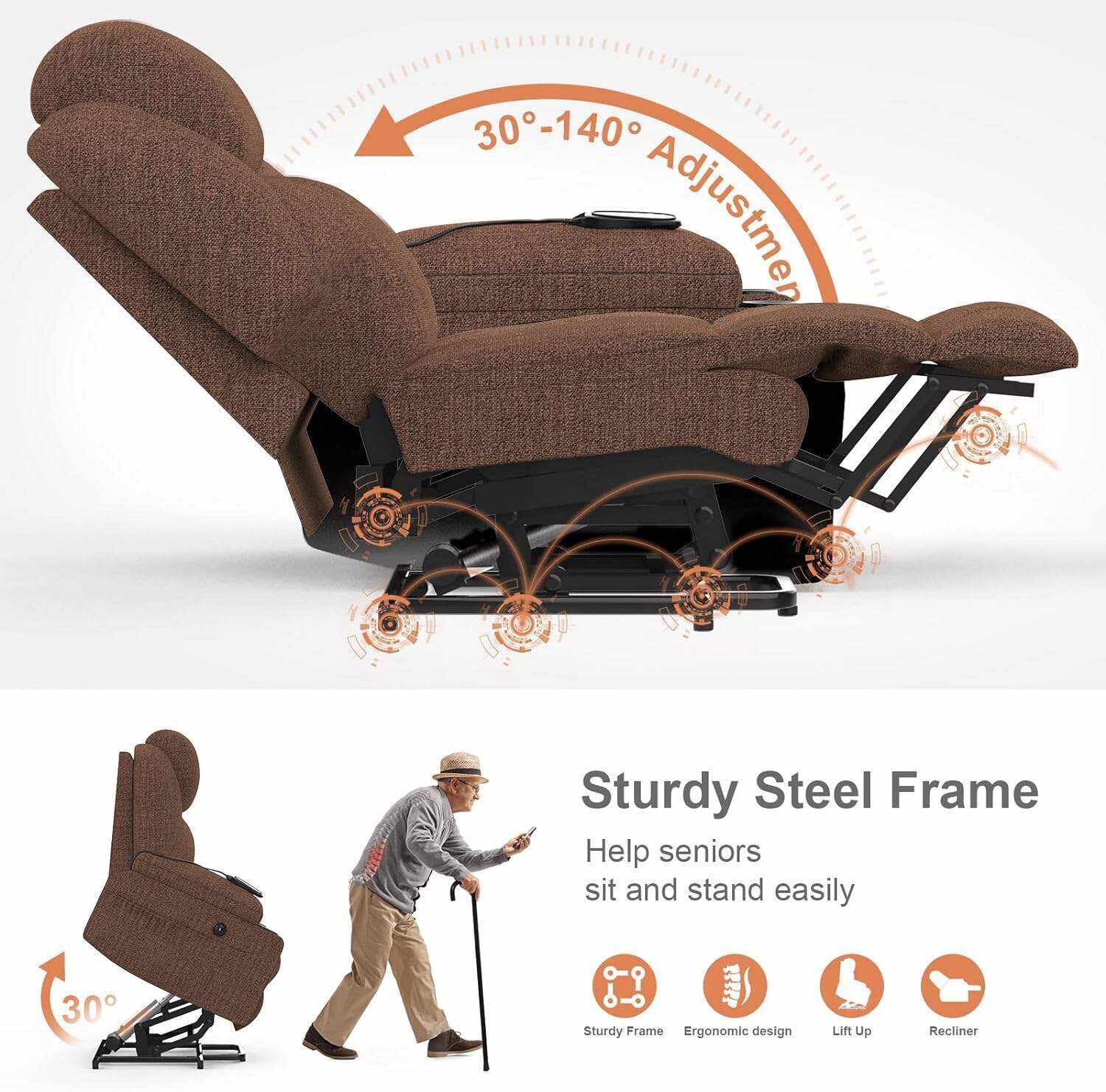YONISEE Lar2ge Lift Chairs Recliner for Elderly - Power Fabric Lift Chair Modern with Massage and Heat, Extended Footrest, 3 Positions, 2 Side Pockets, and Cup Holders, USB Ports, Coffee Color