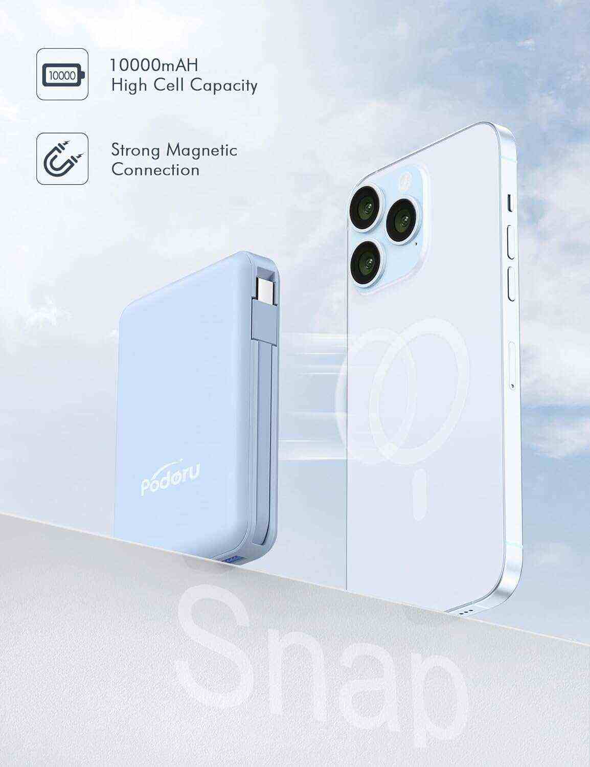 podoru Wireless Portable Charger, 10000mAh Magnetic Power Bank Built-in USB-C Lighting Cables 22.5W PD Fast Charging LED Display Mag-Safe Battery Pack for iPhone 15/14/13/12/Mini/Pro/Pro Max - White