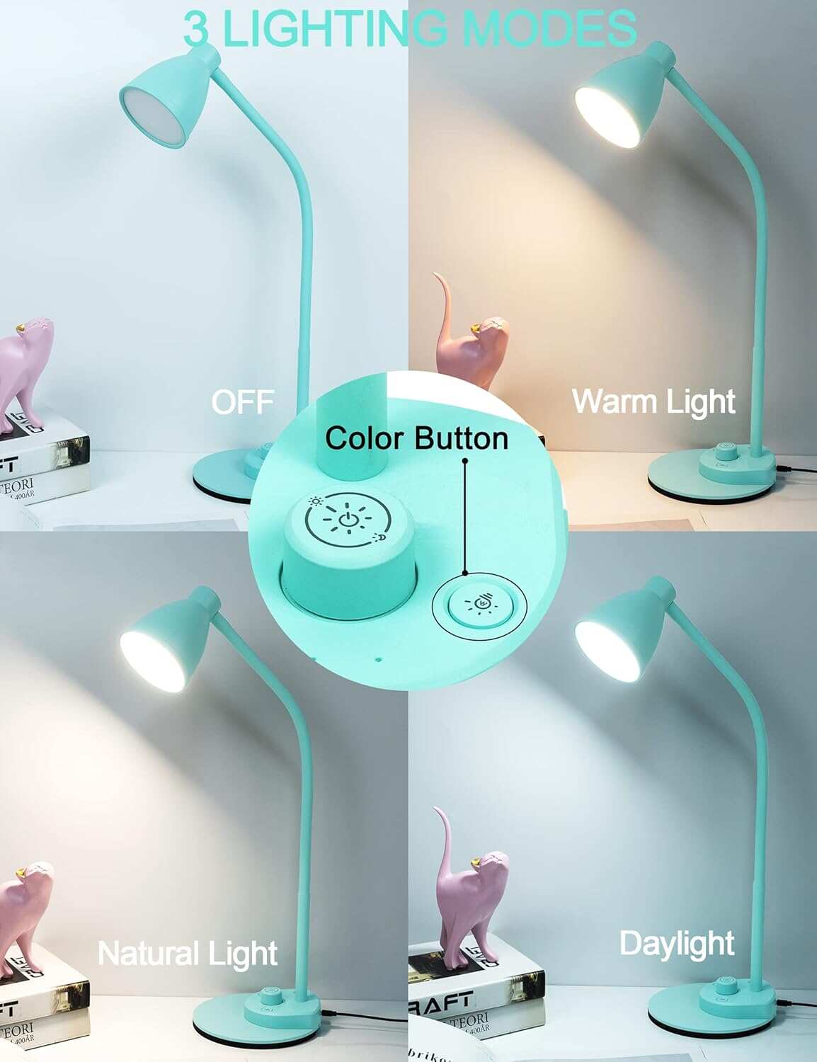 BOHON LED Desk Lamp with USB Charging Port 3 Color Modes Dimmable Reading Light Intelligent Induction Auto Dimming Task Lamp Flexible Gooseneck Table Lamp for Bedside Office, AC Adapter Include