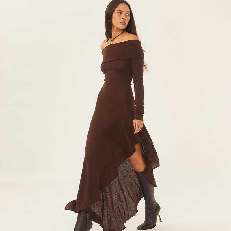 Temperament Off Shoulder Long Sleeve Irregular Hem Stretch Maxi Dress