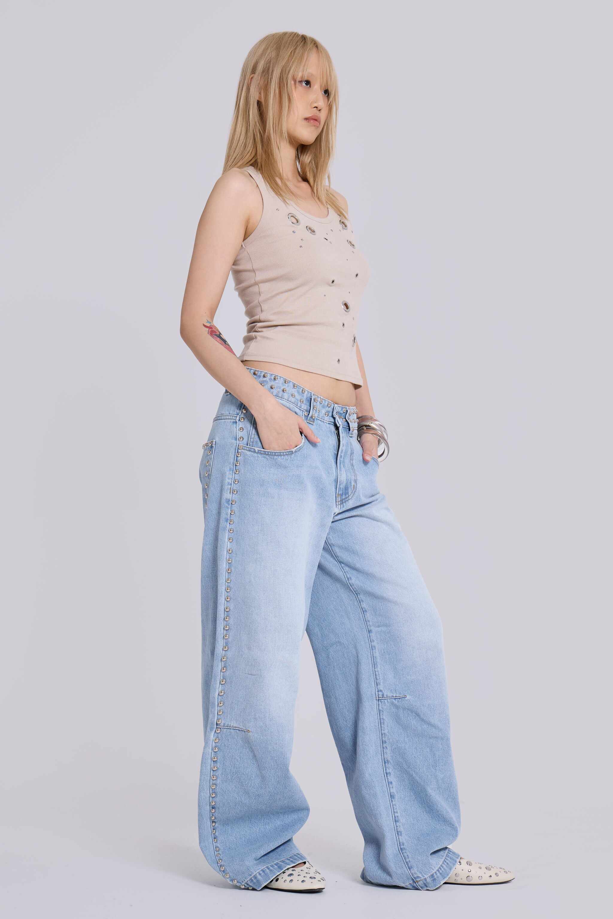 Nailed Studded Colossus Jeans in Light Blue Wash