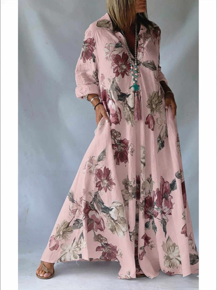 🔥Summer Arrivals🌟Loose-fitting Casual Linen And Cotton Floral Print Shirt Dress