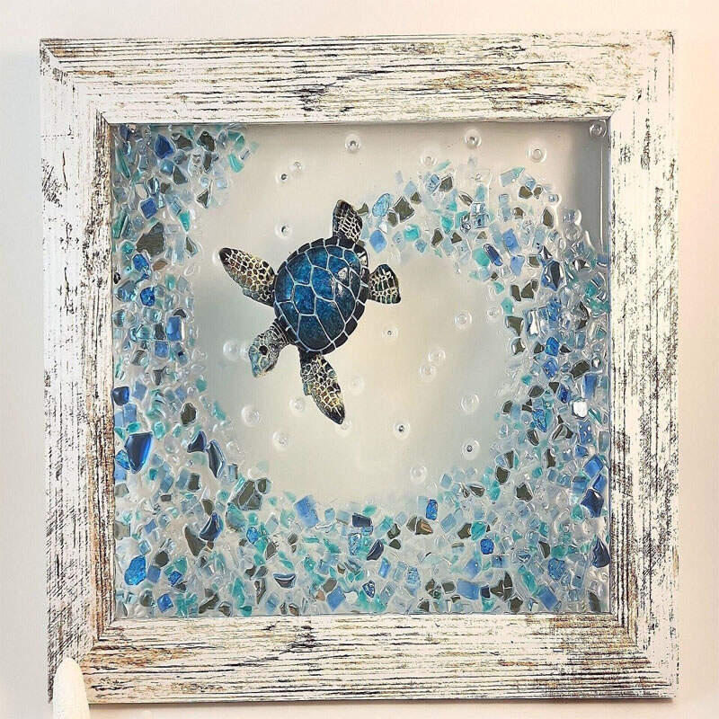 Blue Sea Turtle & Crushed Glass Wave Decor