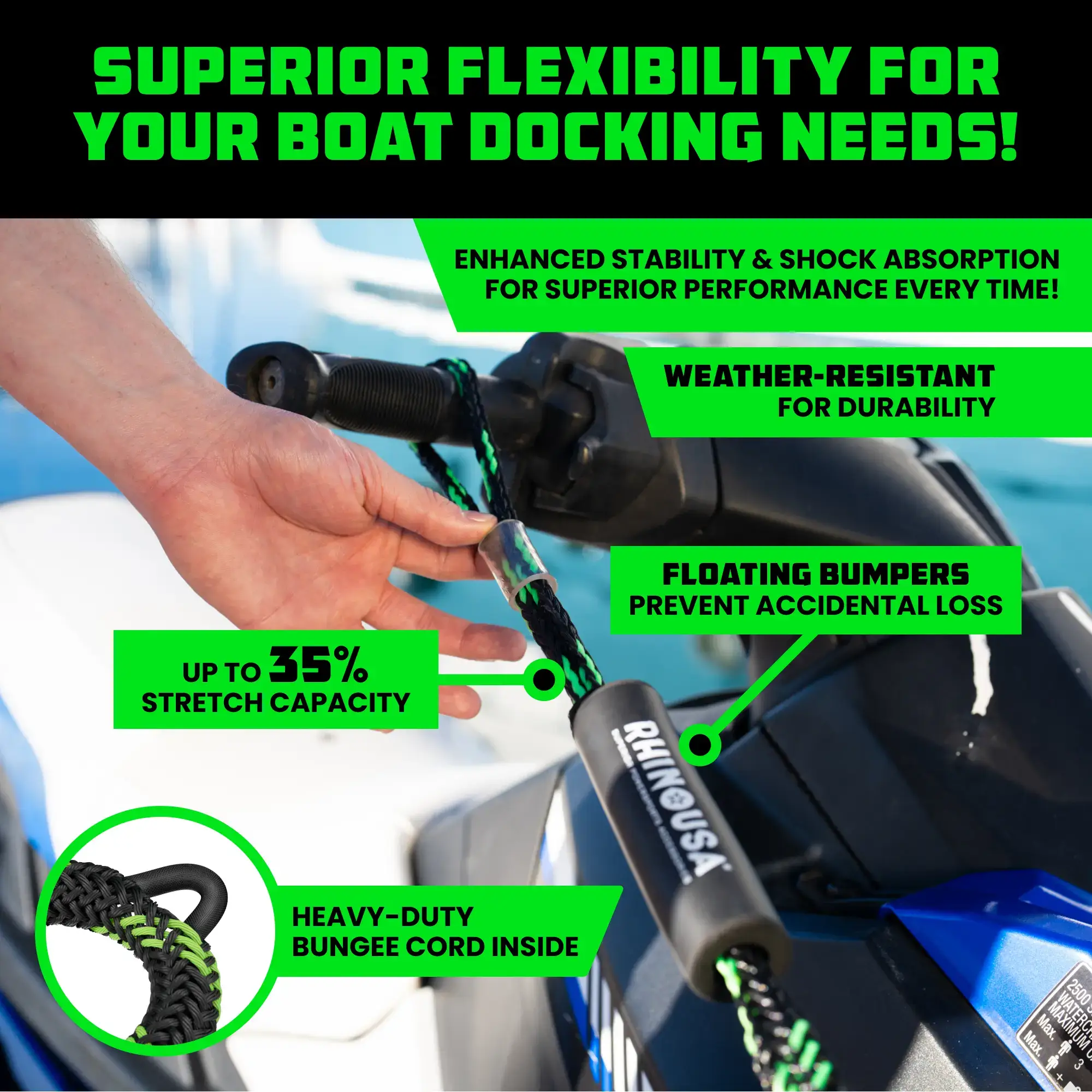 Heavy-Duty Bungee Dock Lines - Bungee Dock Rope for Jetski, Boat, and More.