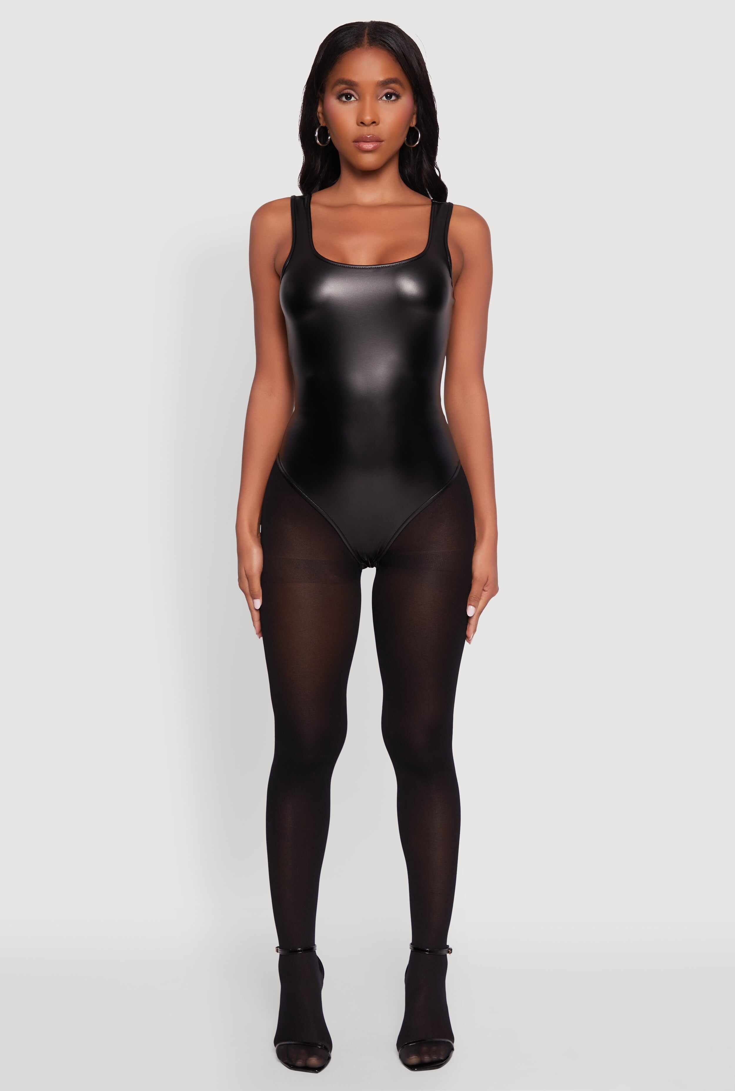 Faux Leather Sleeveless Scoop Neck Bodysuit