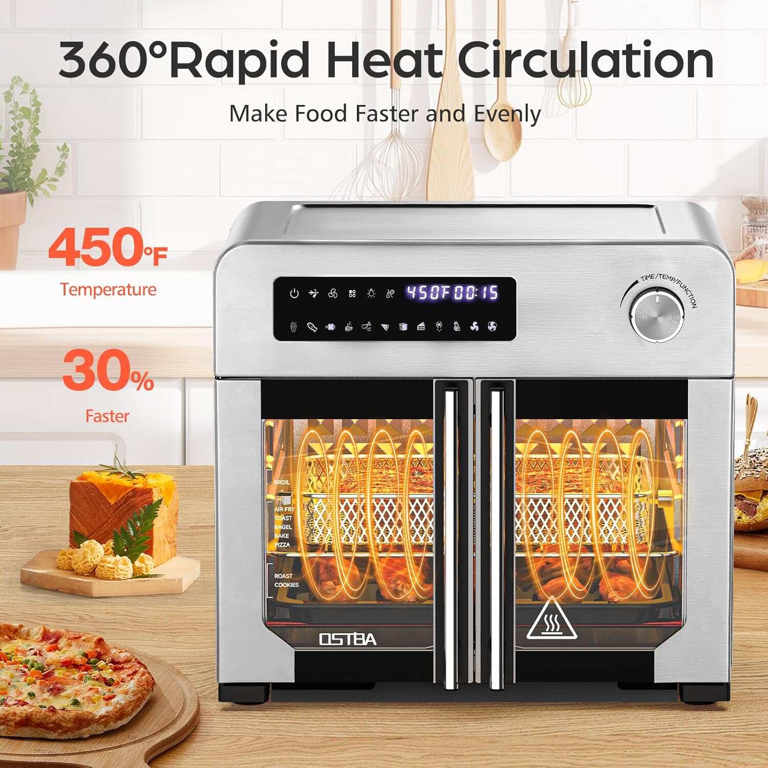 24QT French Door Air Fryer Toaster Oven Combo 10-in-1, 30% Faster 90% Less Oil, 102 Recipes & 7 Accessories, Stainless Steel