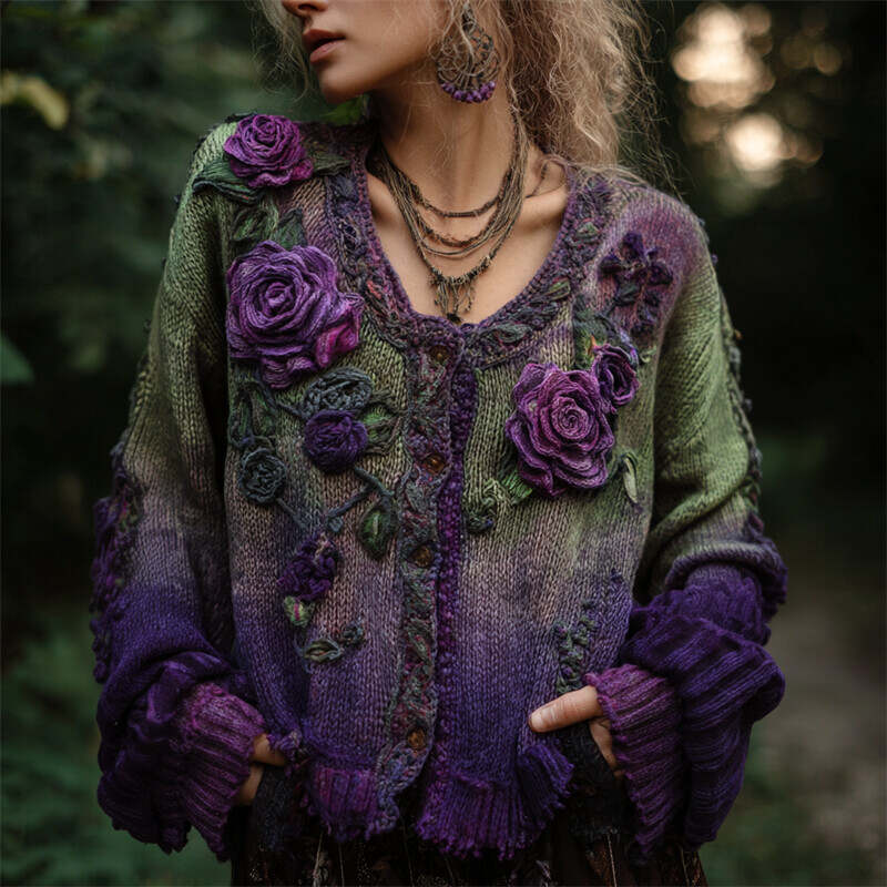 Vintage Purple Roses Crochet Gradient Cozy Cardigan