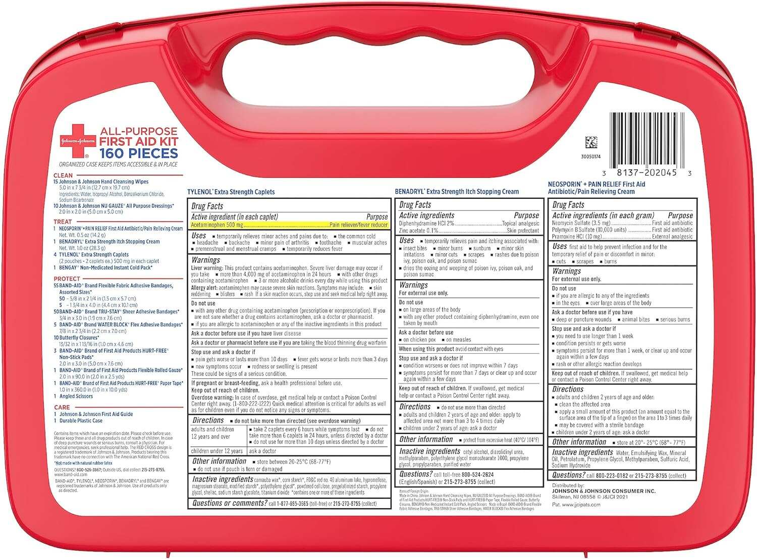 Johnson & Johnson All-Purpose Portable Compact First Aid Kit for Minor Cuts, Scrapes, Sprains & Burns, Ideal for Home, Car, Travel, Camping and Outdoor Emergencies, 160 pieces