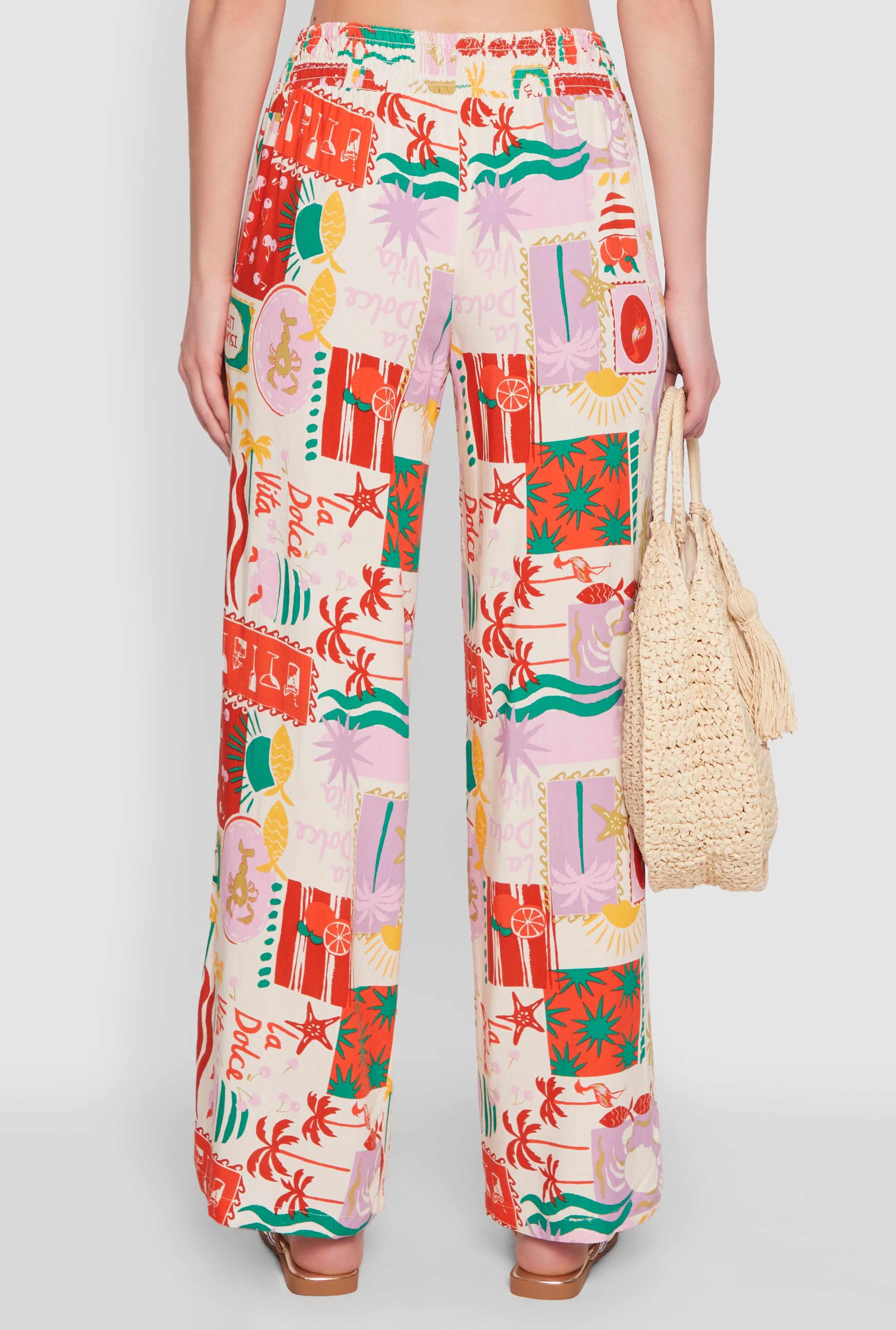 Patterned Faux Drawstring Smocked Waist Palazzo Pants