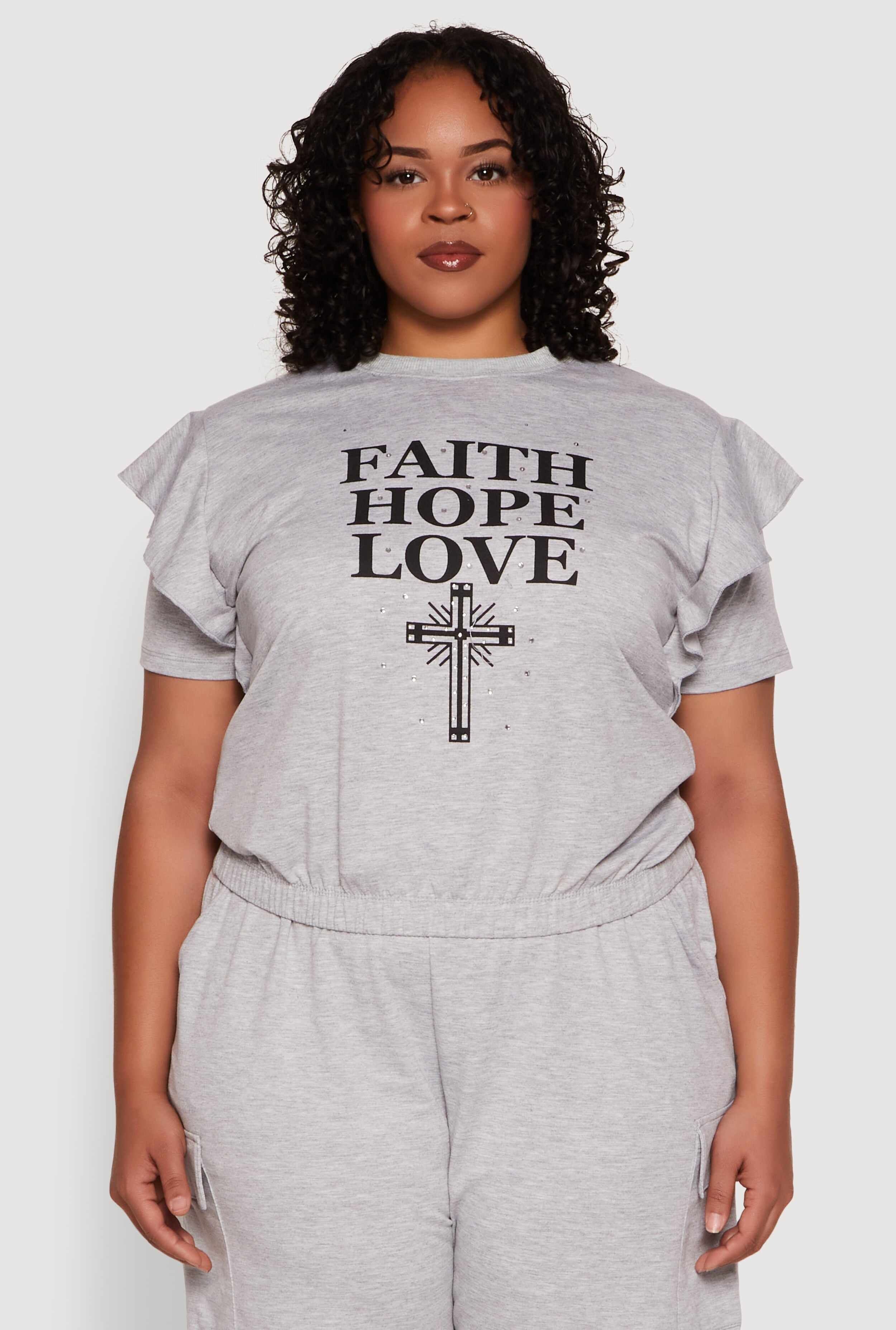 Plus Size Tiered Ruffle Sleeve Faith Hope Love Top