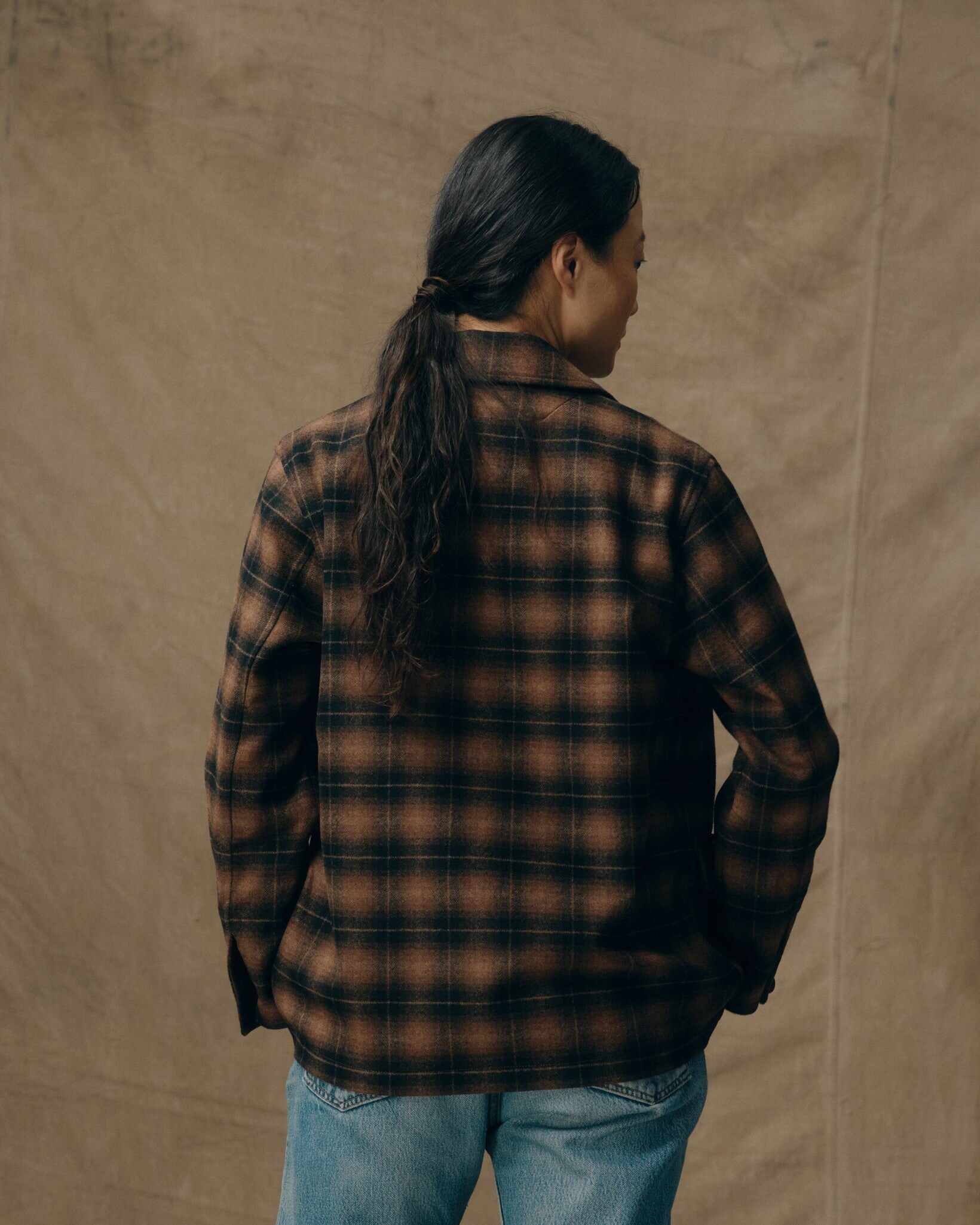 Women's Unconstructed Wool Blazer - Bronze Brown Plaid