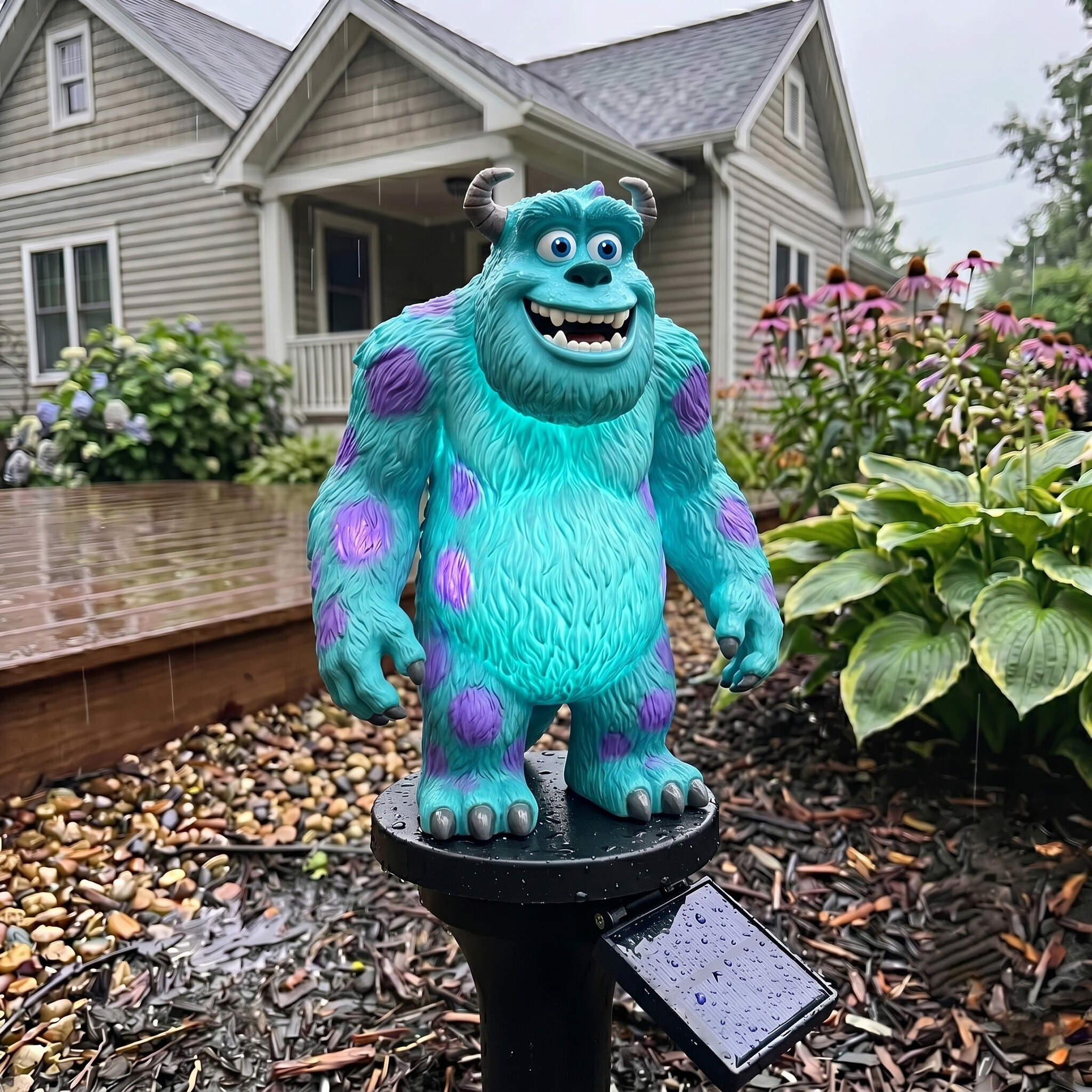 Cute Turquoise Monster Solar Garden Light - Eye-Catching Outdoor Statue Lamp for Lawn & Patio