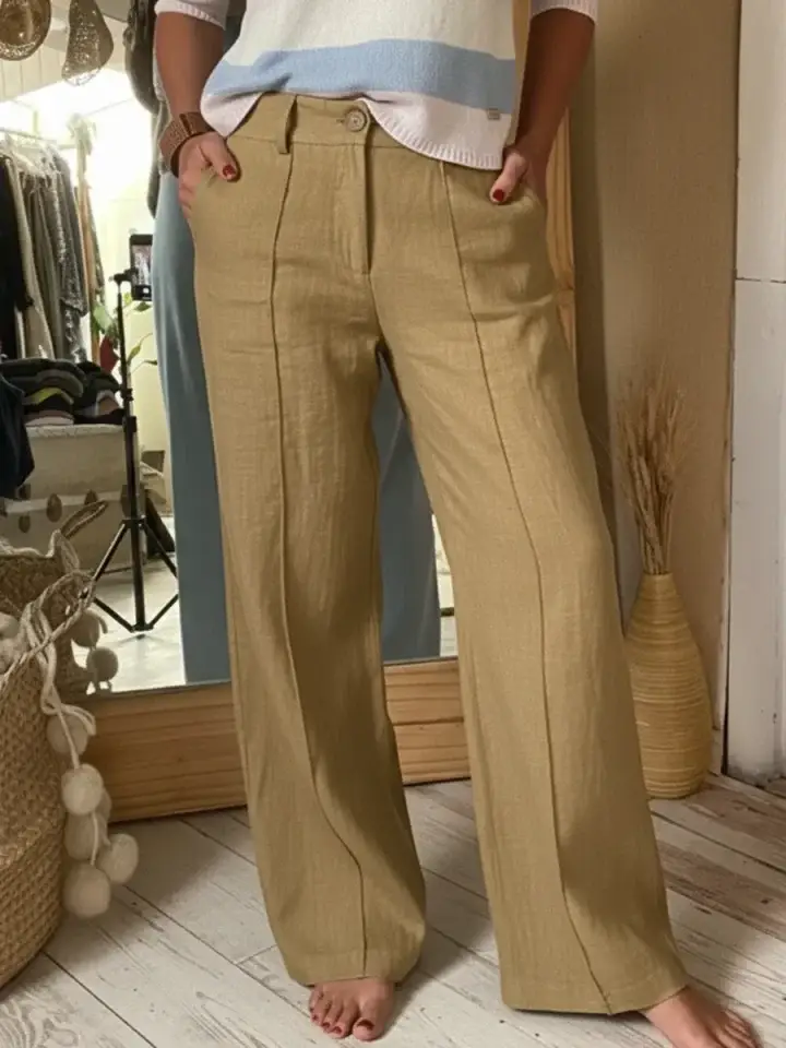 🔥Summer Arrivals🌟Classic Wooden Button Solid Color Linen Trousers