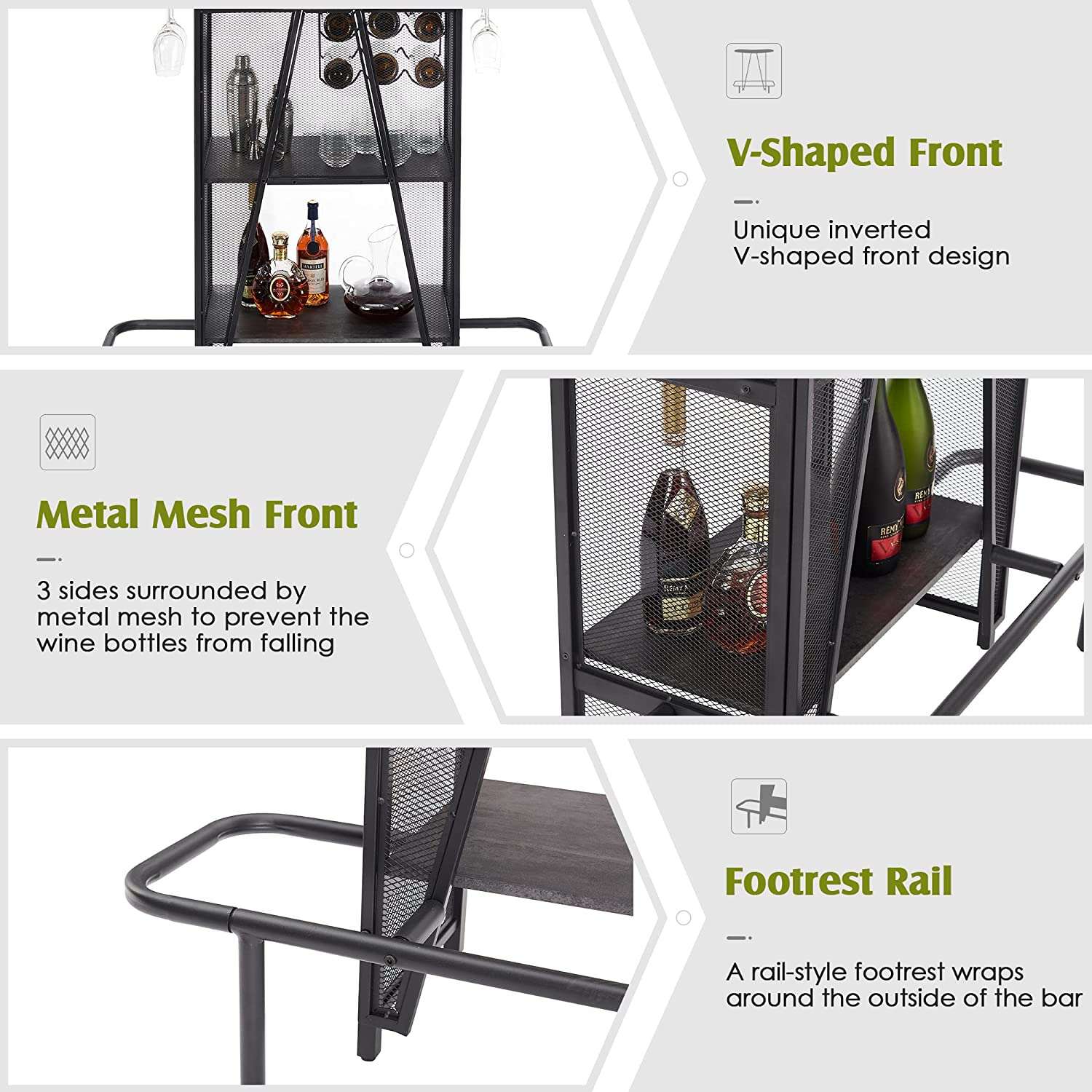 VECELO Bar Unit with Metal Mesh Front, 3-Tier Wine Rack Table with Glasses Holder