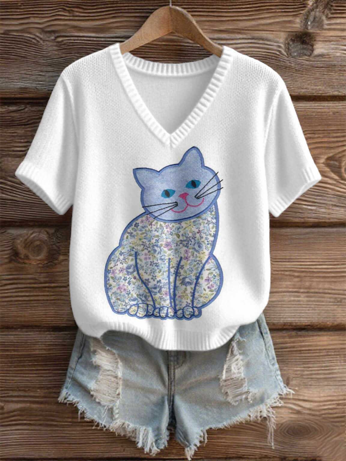 Imitation Sweaters Women's Clothing Short Sleeve V-neck Loose Top