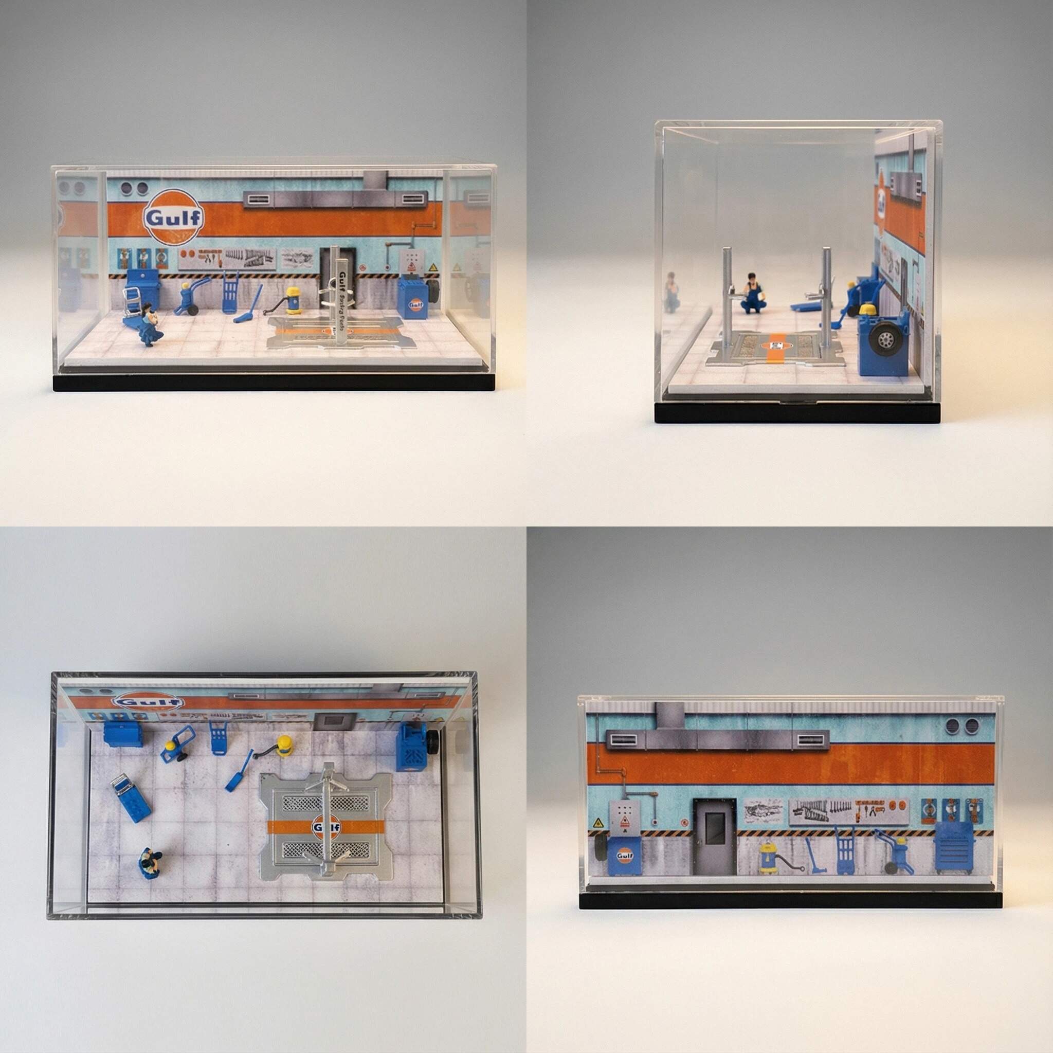 1:64 Scale Classic Oil Service Garage Diorama Display Case – Vintage Workshop Scene for Diecast Cars
