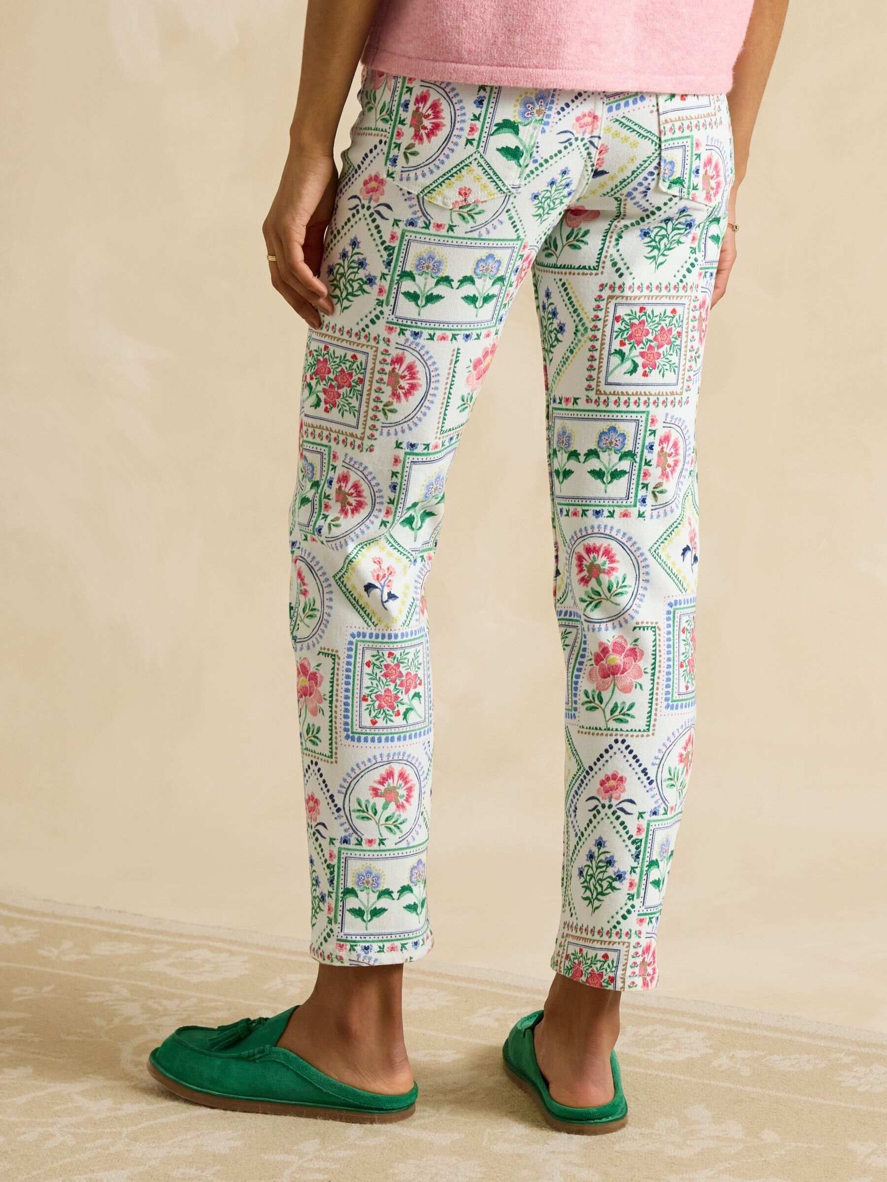 Cream Tile Print Straight Fit Mid Rise Jeans