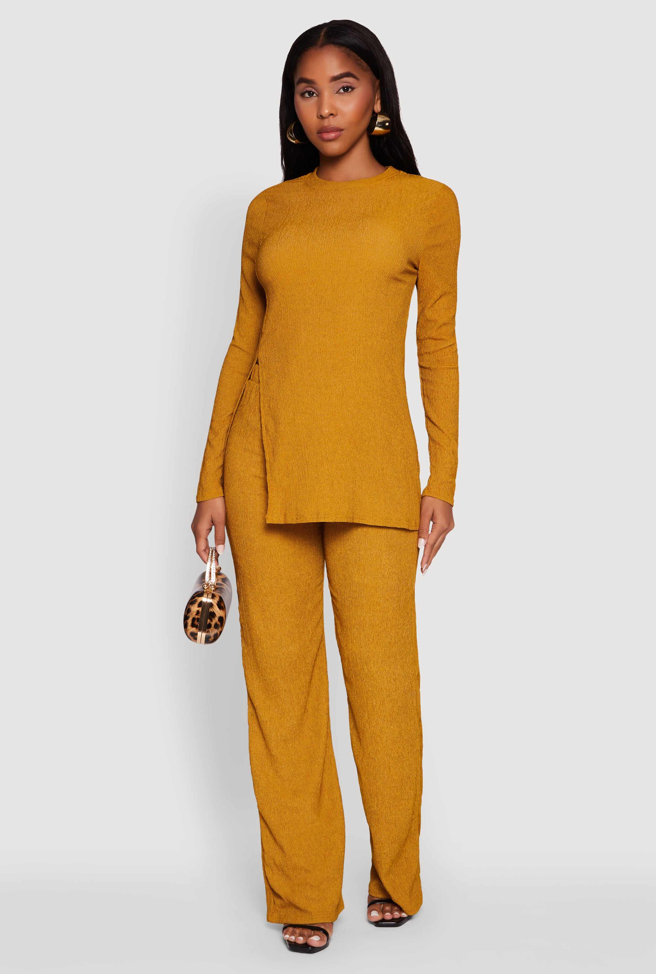 Seersucker Crew Neck Side Slit Long Sleeve Top