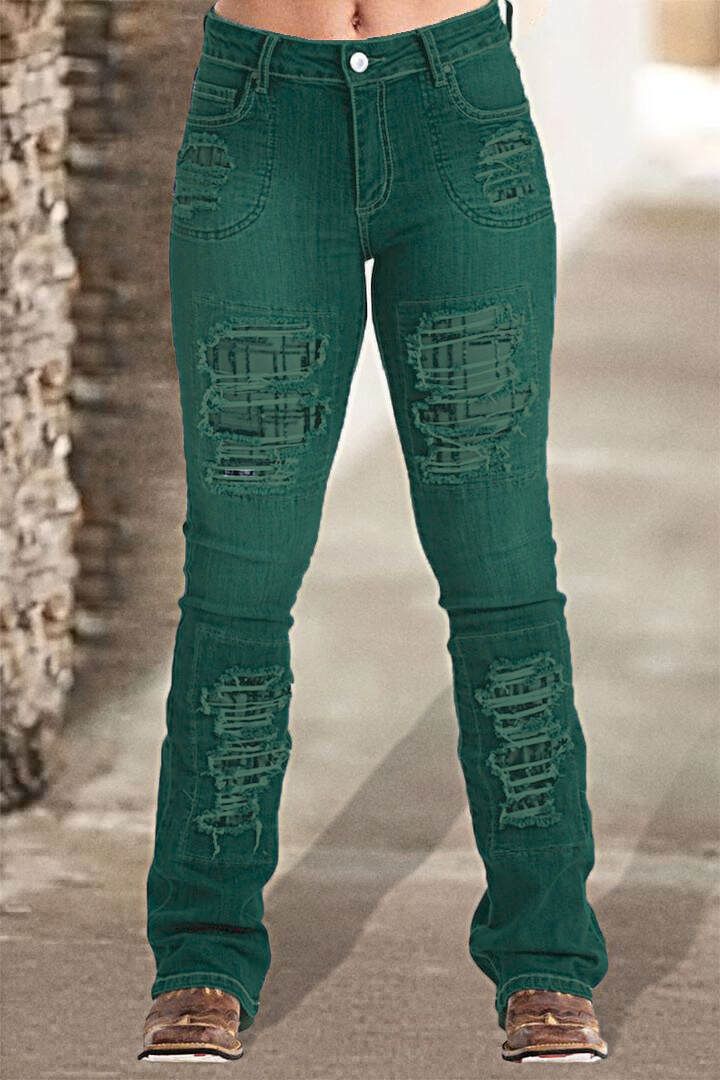 Vintage Stripe Print Ripped Mid Waist Jeans