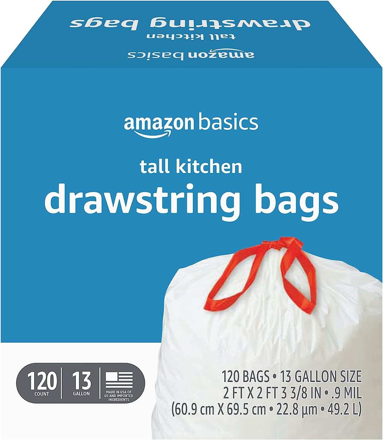 Tall Kitchen Drawstring Trash Bags, 13 Gallon, Unscented, 120 Count (Previously Solimo)