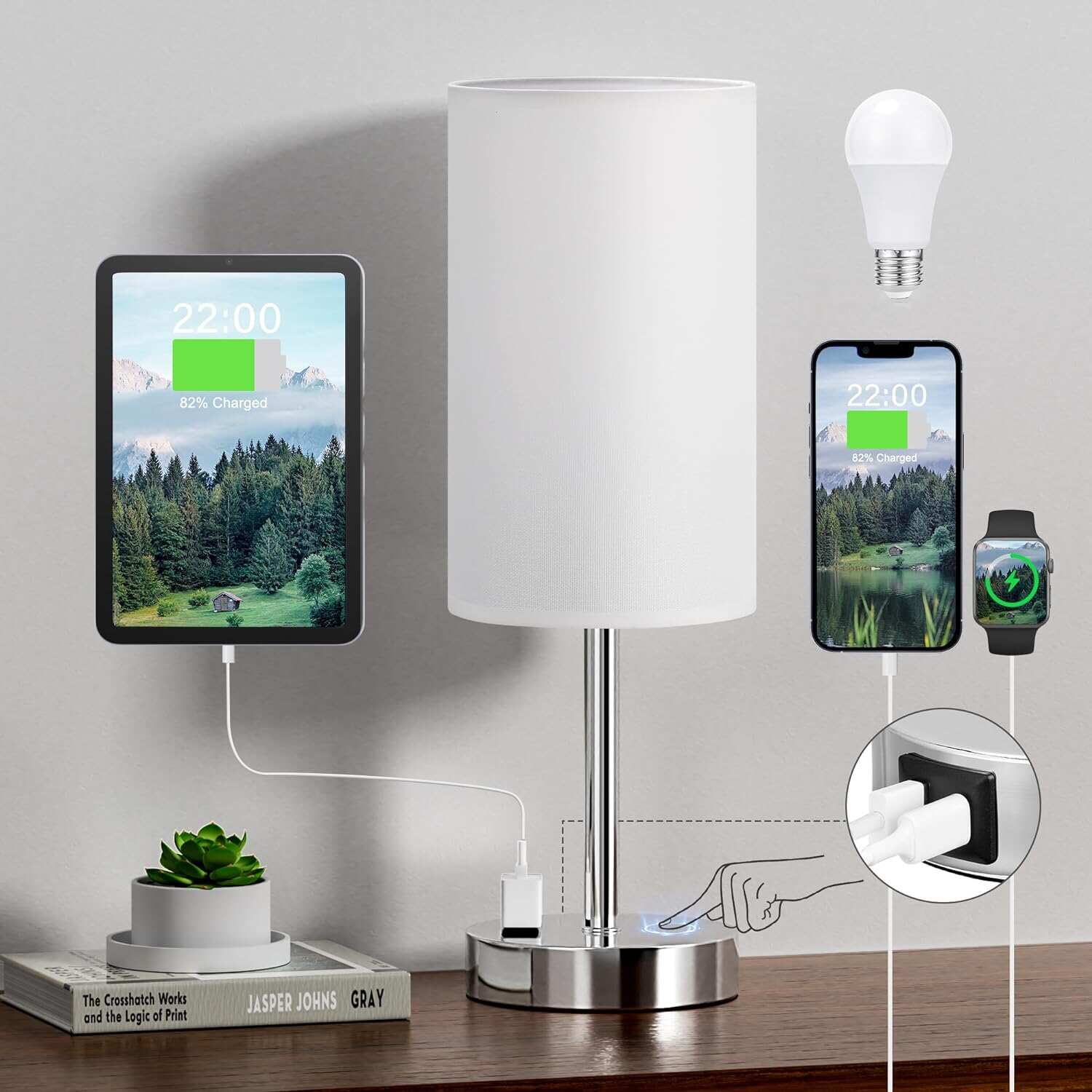 Bedside Table Lamp for Bedroom - 3 Way Dimmable Touch Lamp USB C Charging Ports and AC Outlet, Small Lamp Wood Base Round Flaxen Fabric Shade for Living Room, Desk, LED Bulb Included