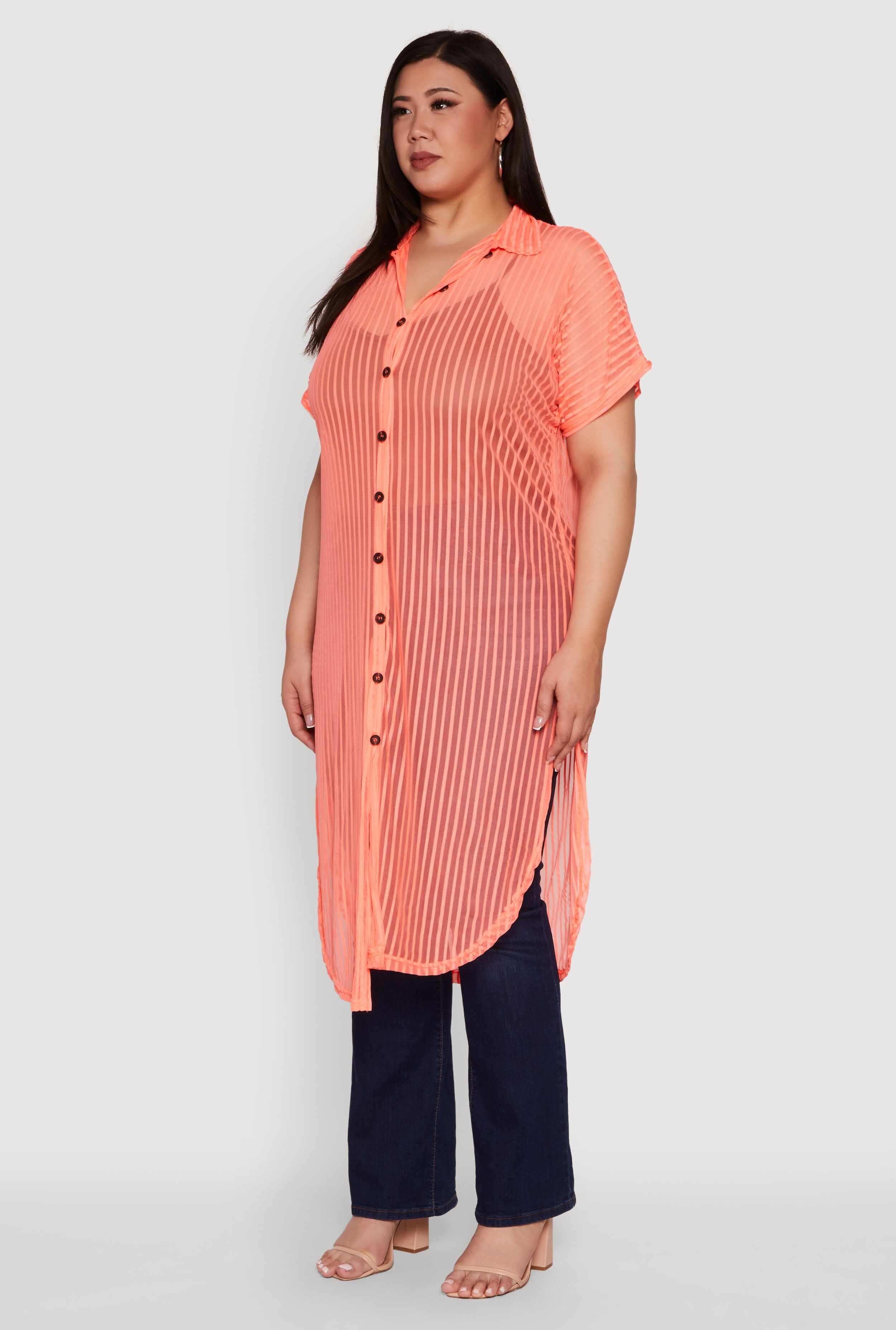 Plus Size Mesh Button Front Side Slit Shirt
