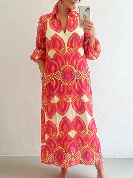 🔥Summer Arrivals🌟Retro Stand-up Collar Floral Print Loose Linen Cotton Dress