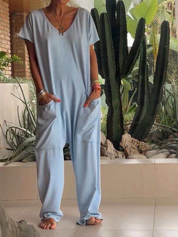 🔥Summer Arrivals🌟Casual V-neck Solid Color Jumpsuit