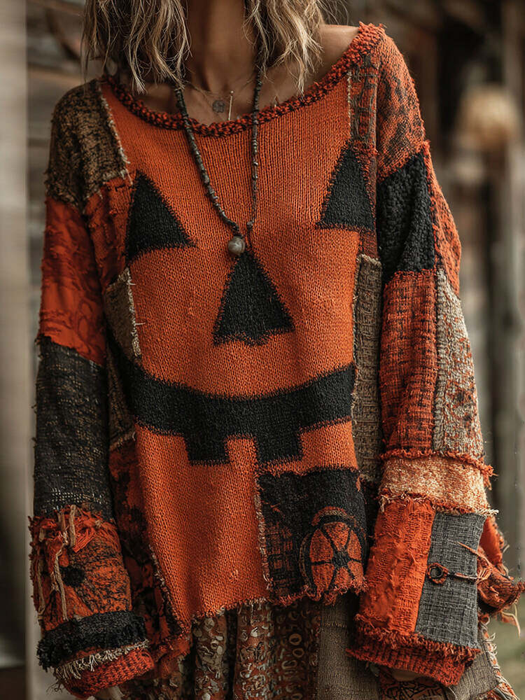 Halloween Pumpkin Face Art Cozy Knit Sweater
