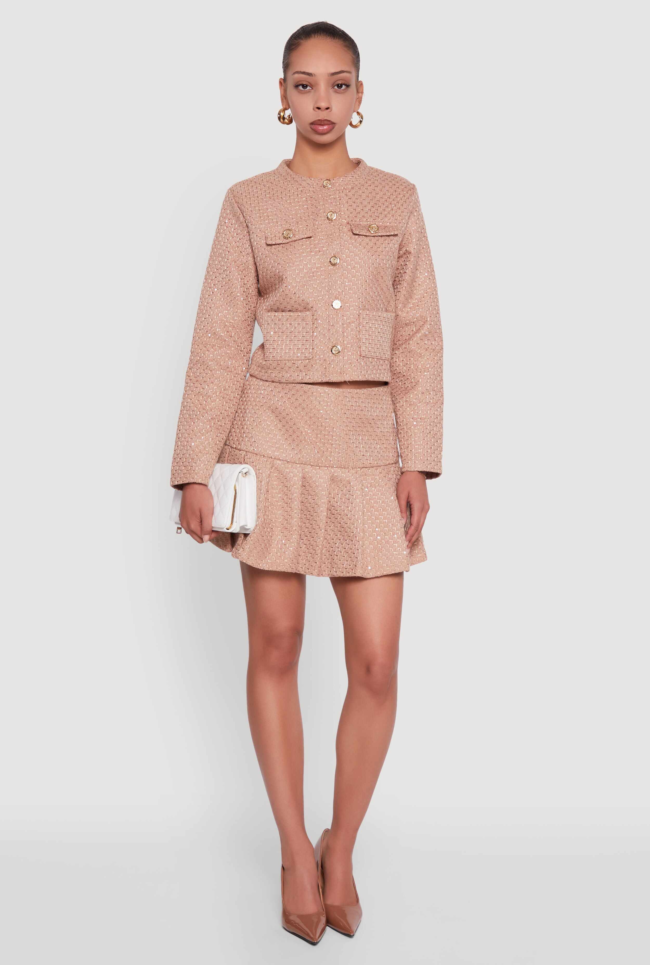 Tweed Flap Pocket Cropped Button Front Blazer