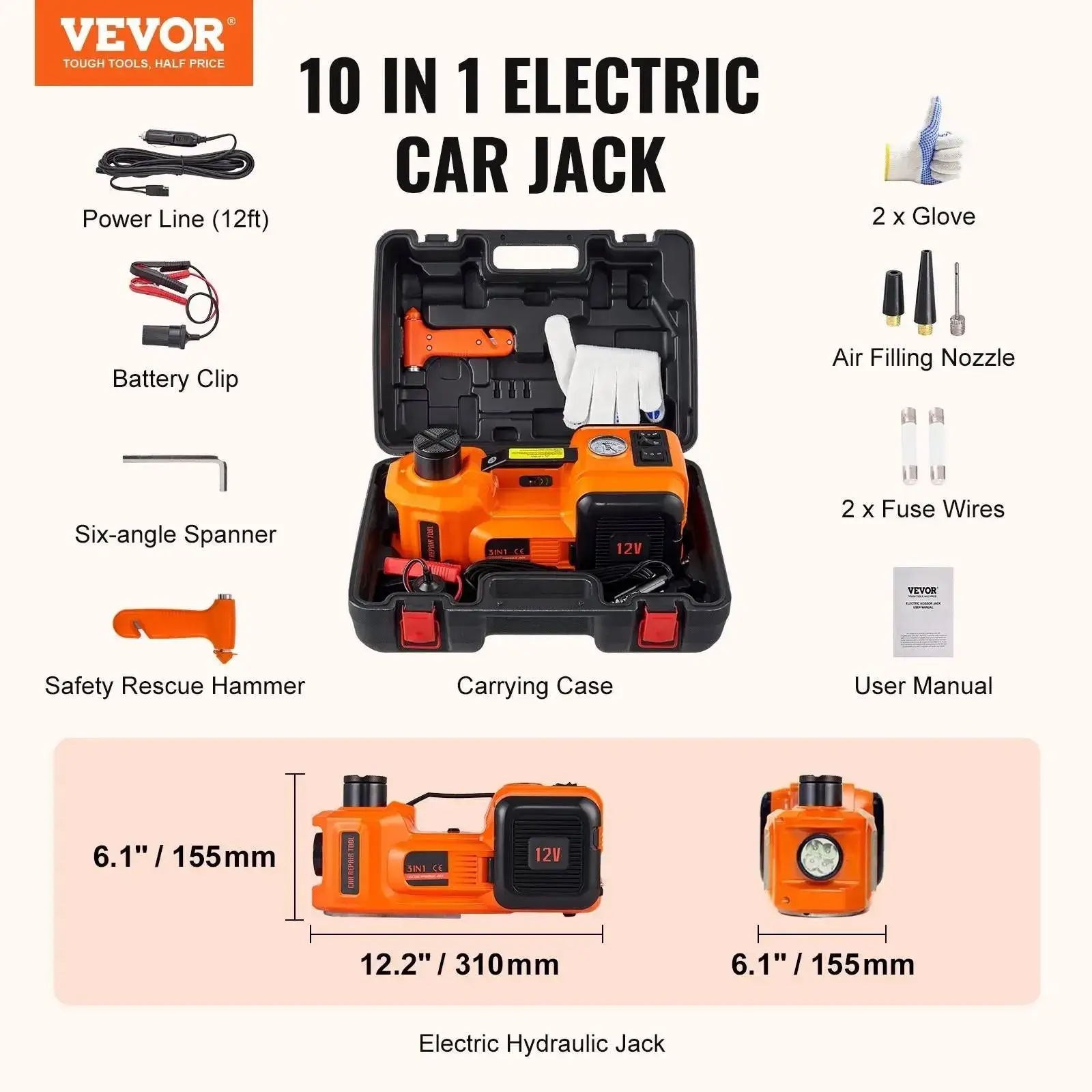 5 Ton Electric Hydraulic Car Jack Kit, Portable Auto Lift with Impact Wrench, Built-in Tire Inflator & LED Light, Tire Change Tool for Sedan SUV MPV Truck Garage & Roadside Repair