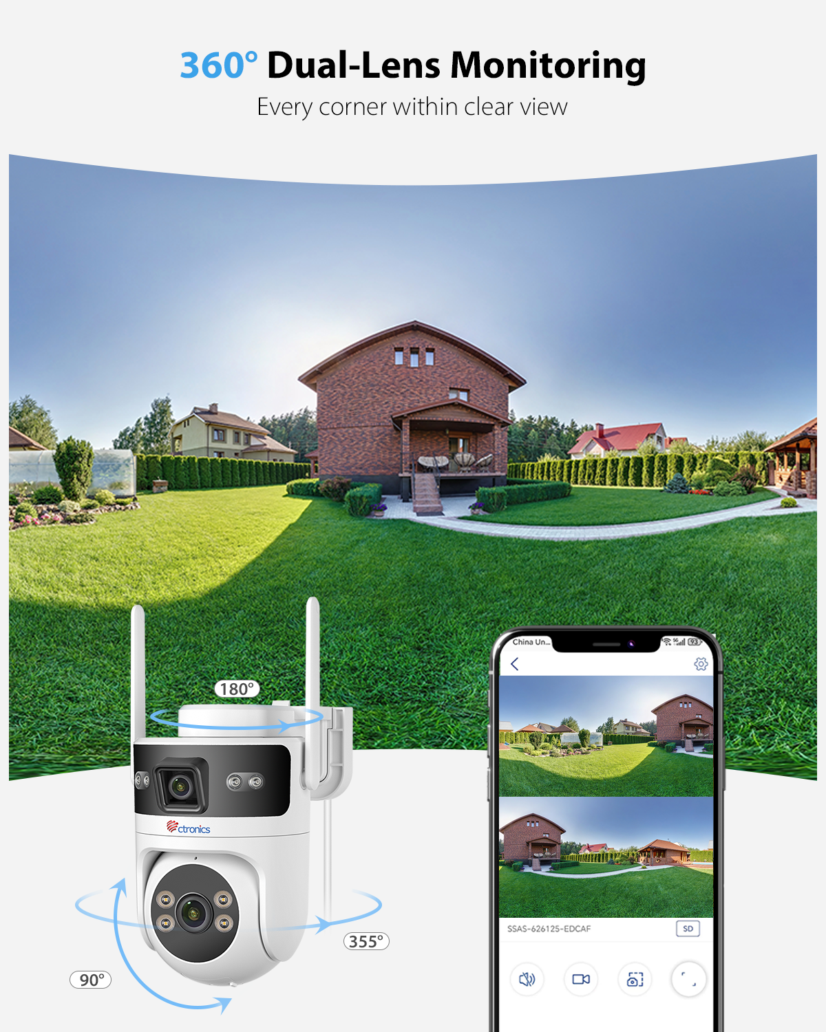 Ctronics Outdoor PoE WiFi Surveillance Camera, Dual-Lens, Dual-Band 5GHz/2.4GHz Wireless IP PTZ Camera with Human Detection