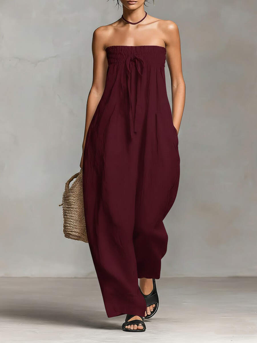 🔥Summer Arrivals🌟Women's Solid Color Strapless Casual Loose Cotton And Linen Jumpsuit