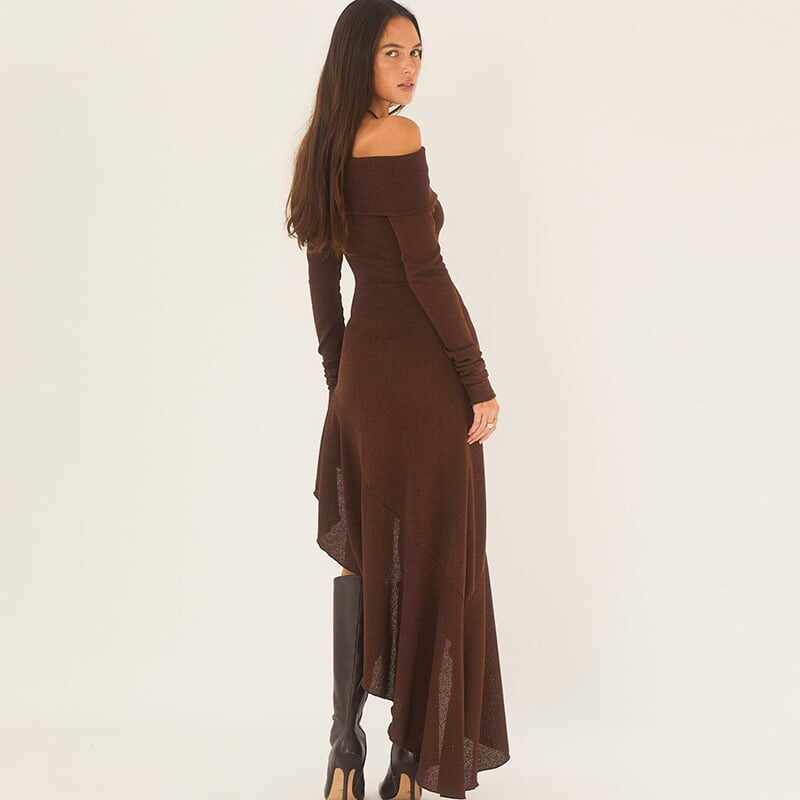 Temperament Off Shoulder Long Sleeve Irregular Hem Stretch Maxi Dress