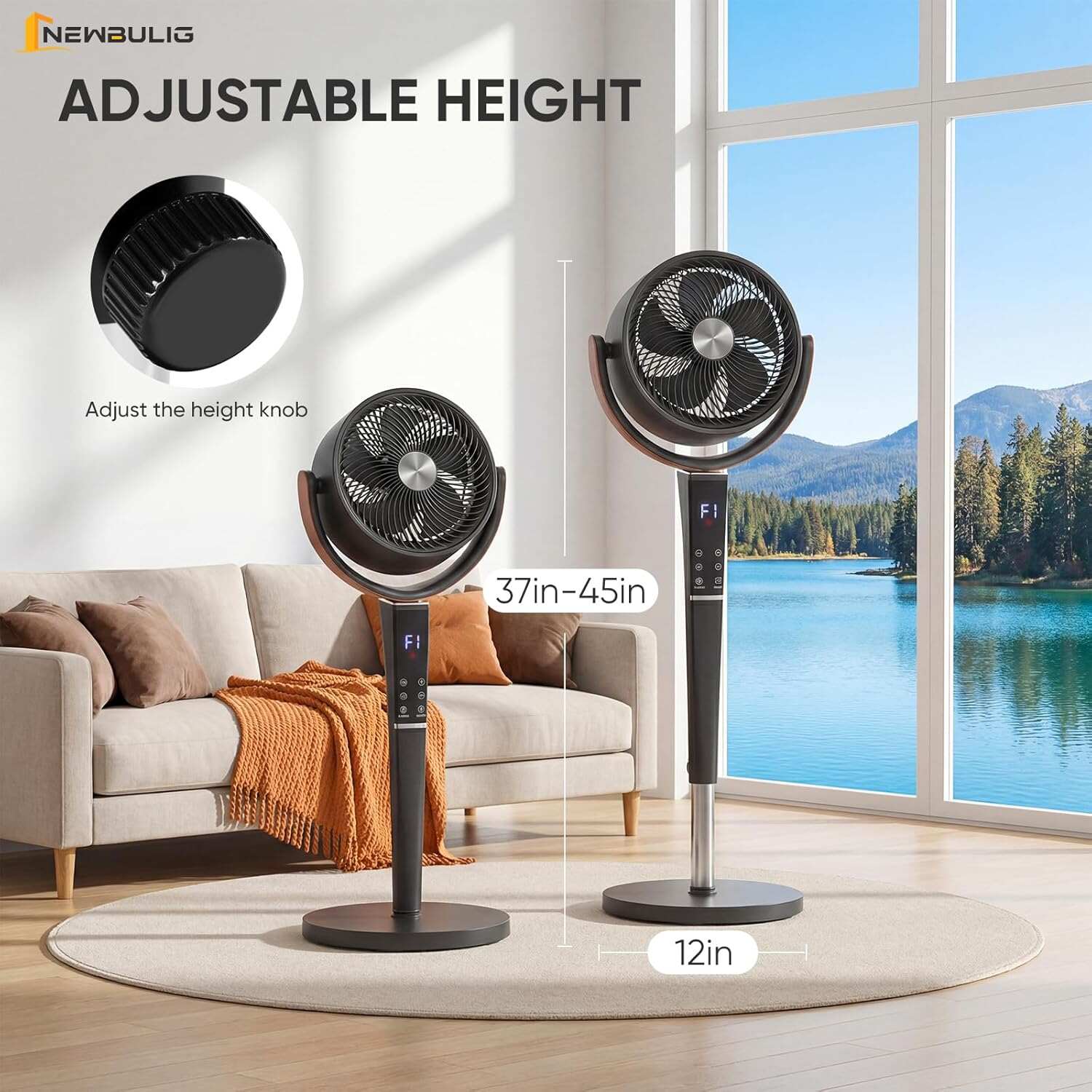 Pedestal Fan for Bedroom, 1050CFM Standing Fans with DC Motor, 15 Speeds & 5 Modes, Pedestal Air Circulator 120° Omni Oscillation Digital Display & Remote, 12H Timer, 37-45