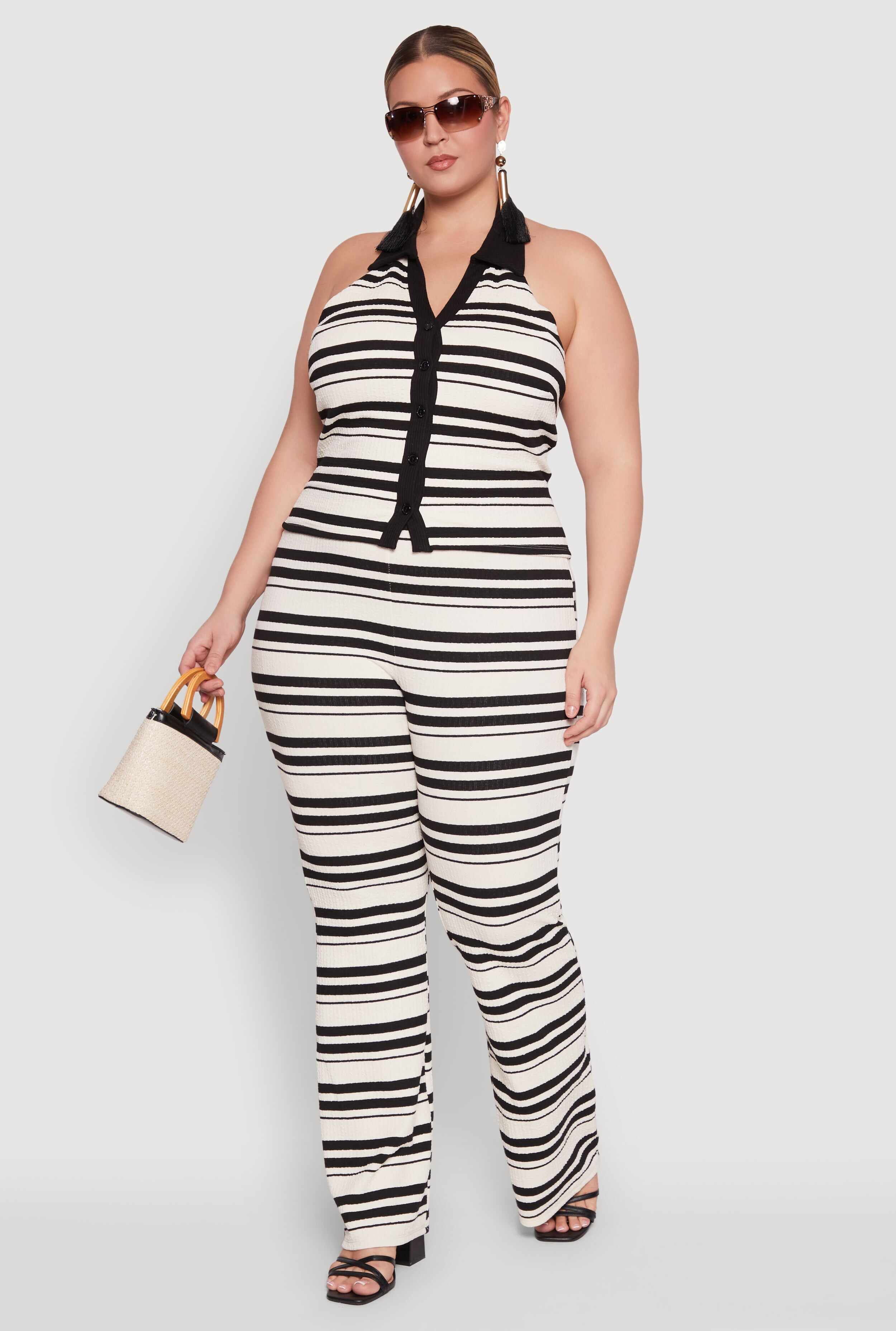 Plus Size Striped Sleeveless Blouse with Halter Neck and Contrast Trim