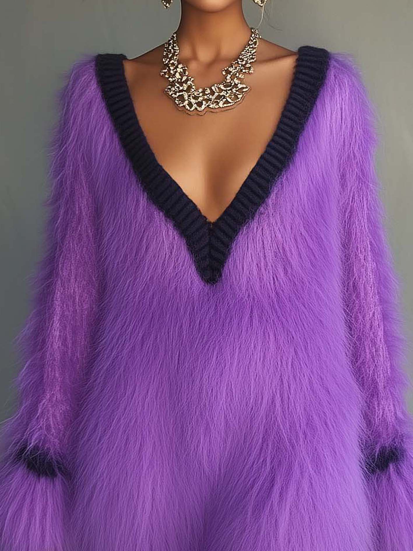 Fuzzy Purple Knit Mini Dress With Black Trim