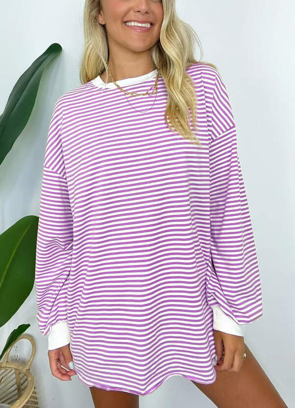 🔥Summer Arrivals🌟🌈Women's Casual Striped Crewneck Oversized Pullover