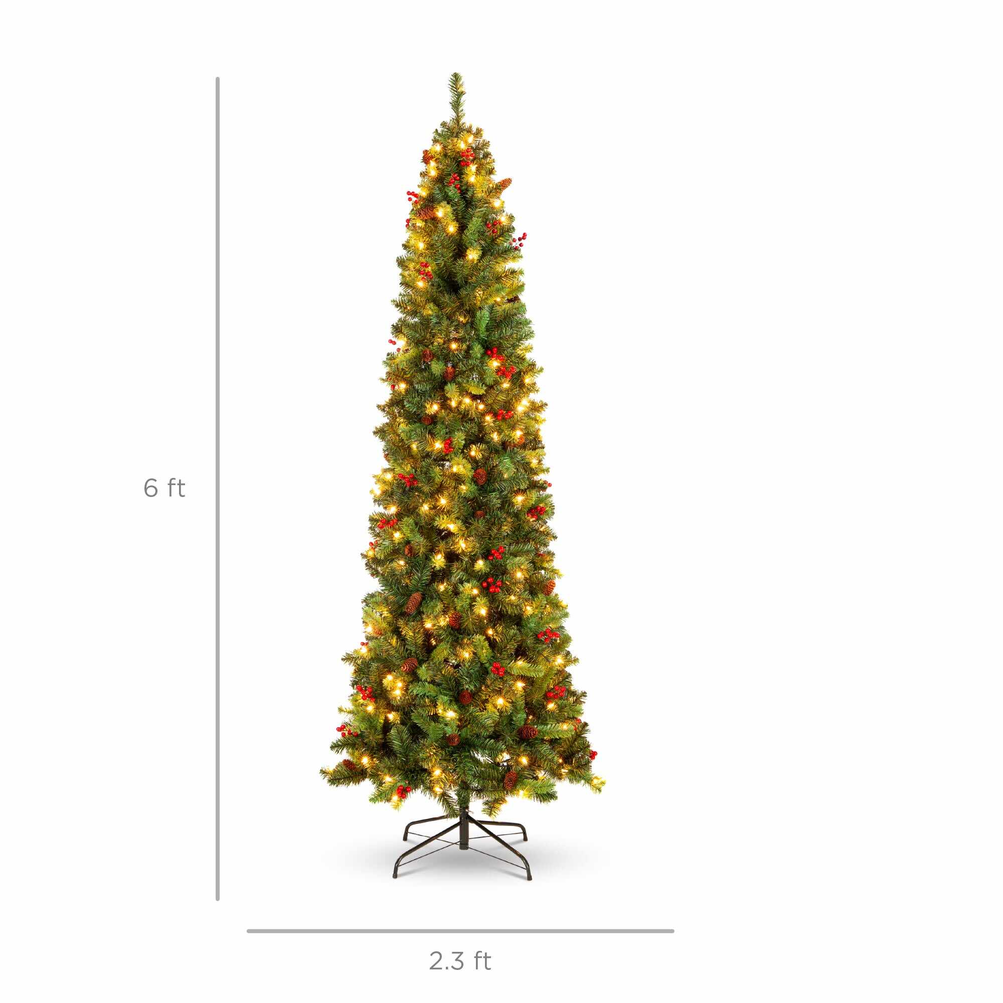 Pre-Lit Spruce Pencil Christmas Tree w/ Berries, Pine Cones