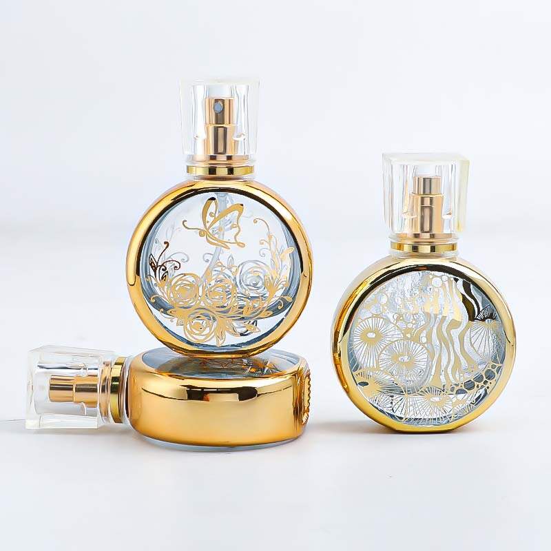 Gold Trim Round Butterfly Rose Refillable Perfume Atomizer