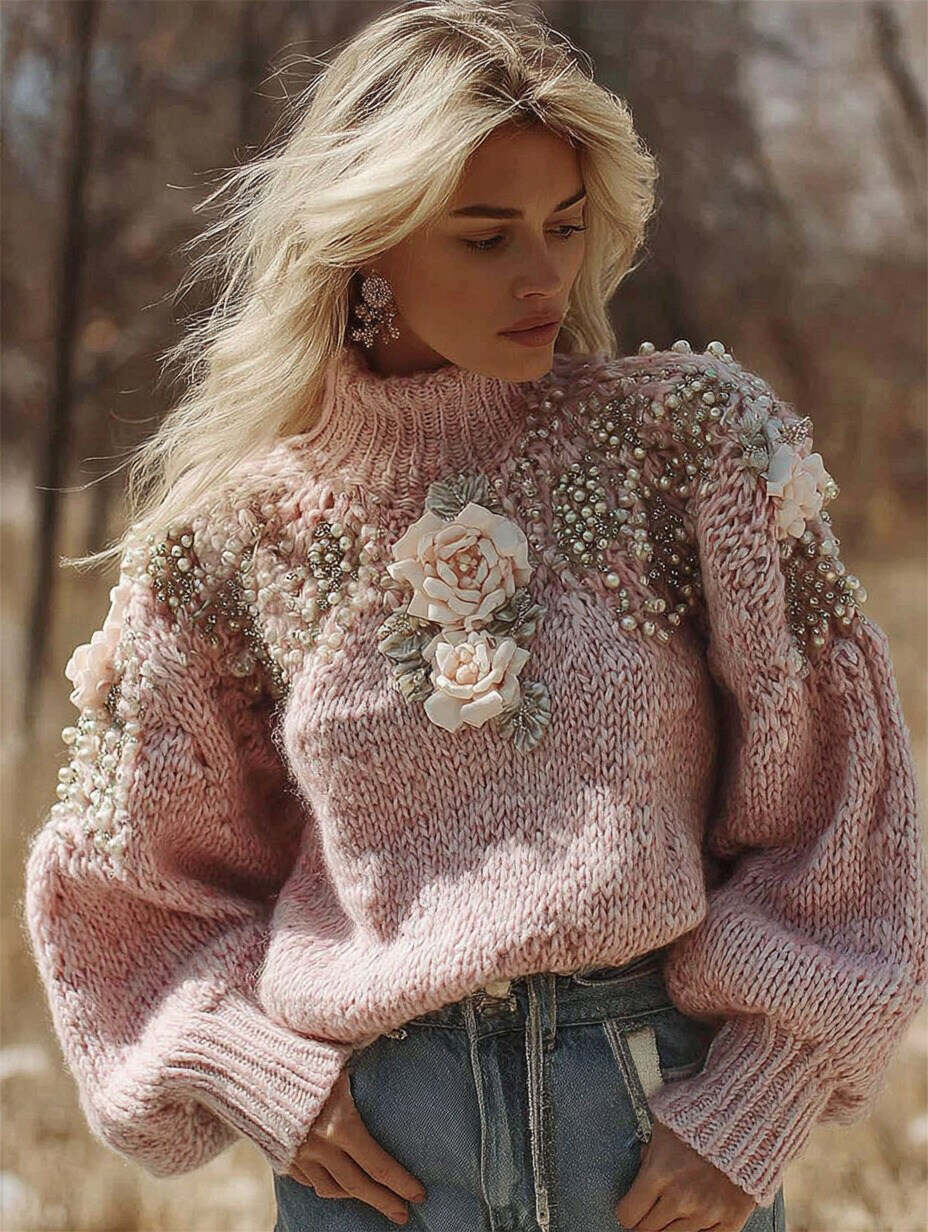 Women's Vintage Rose Floral Art Cozy Knit Turtleneck Sweater