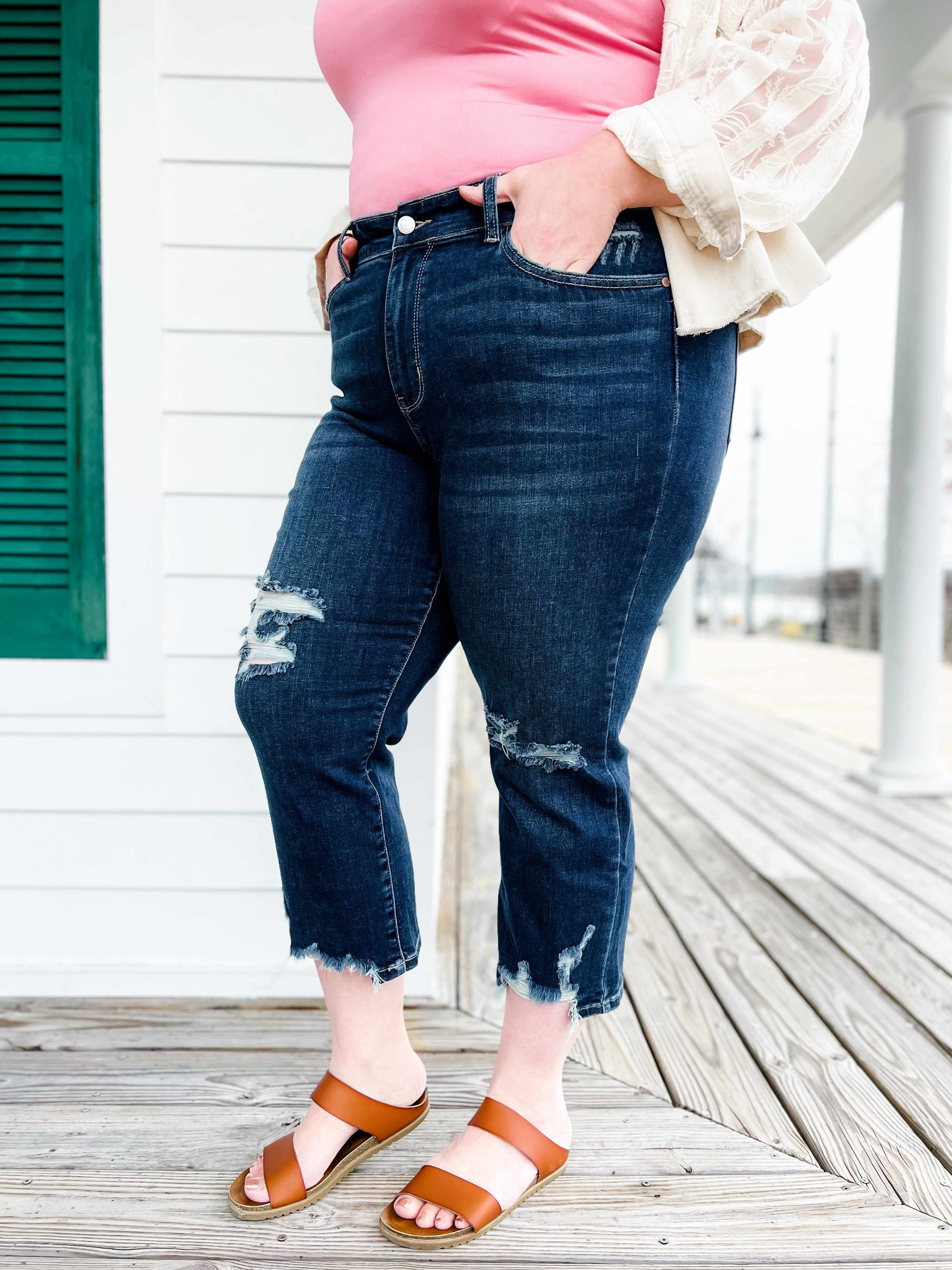 🔥Hot Sales🔥 After Hours Dark Wash Destroyed Hem Cropped Straight Leg Jeans