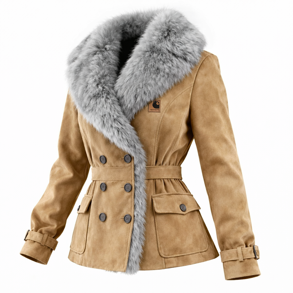 Women's Elegant Double-breasted Black Suede Coat With Fur Collar
