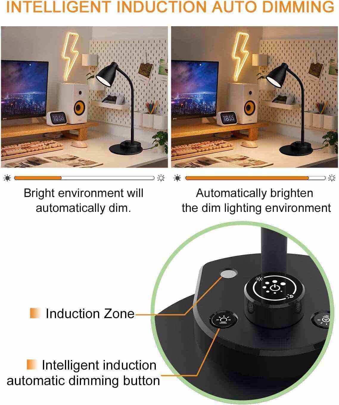 BOHON LED Desk Lamp with USB Charging Port 3 Color Modes Dimmable Reading Light Intelligent Induction Auto Dimming Task Lamp Flexible Gooseneck Table Lamp for Bedside Office, AC Adapter Include