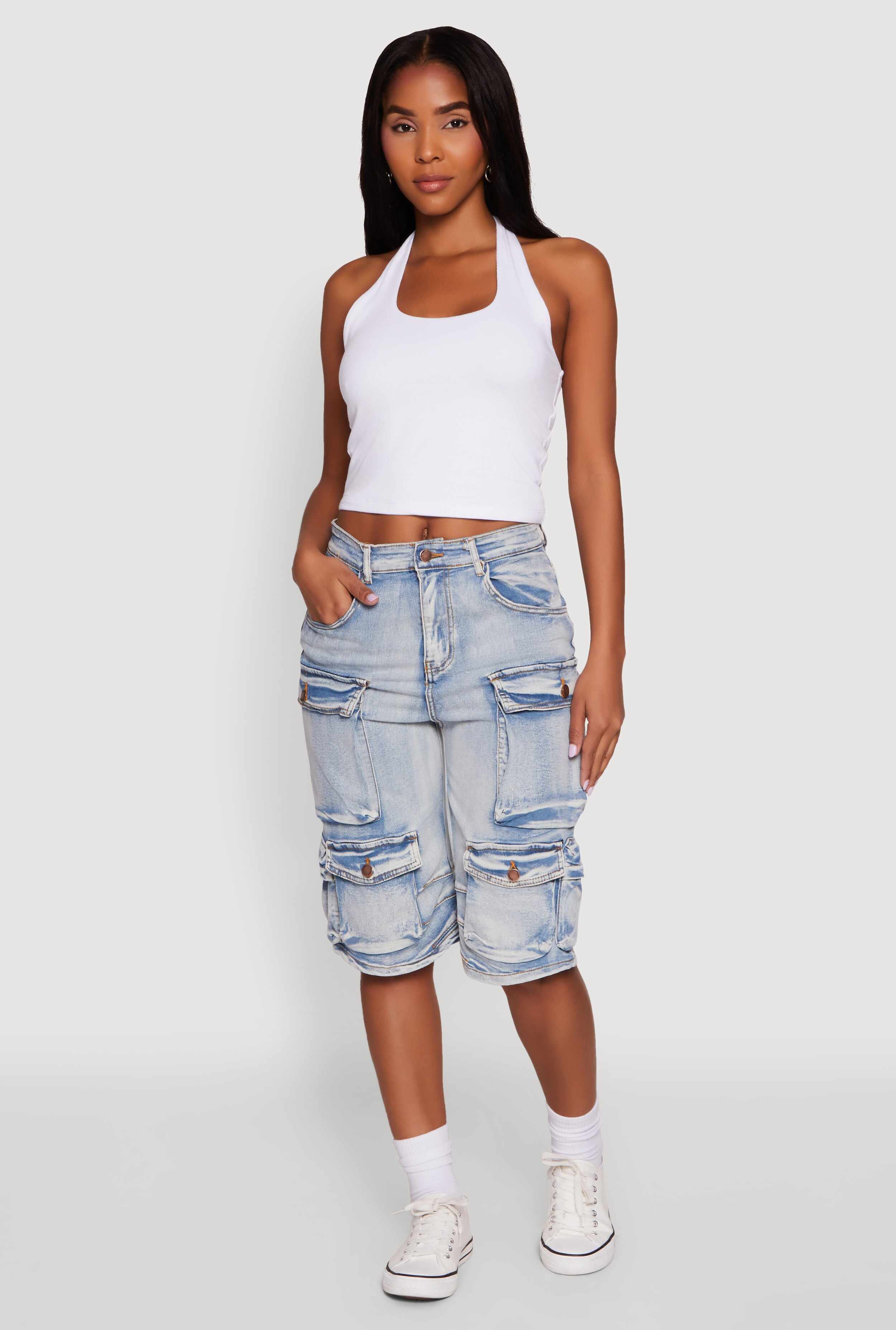 Daisy High Waisted Acid Wash Denim Cargo Shorts