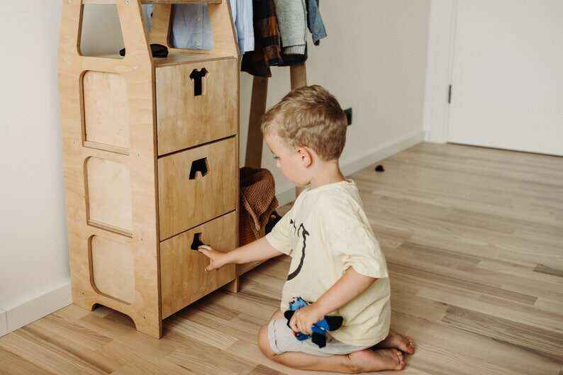 Children wardrobe Montessori clothing rack Wooden clothing rack Wood frame rack Toddler wardrobe Clothing rack with drawers Kids furniture