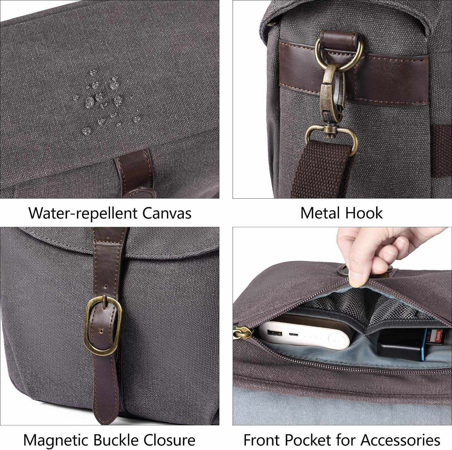 BAGSMART Camera Bag, SLR DSLR Canvas Camera Case, Vintage Padded Camera Shoulder Bag with Rain Cover for Women, Men, Black